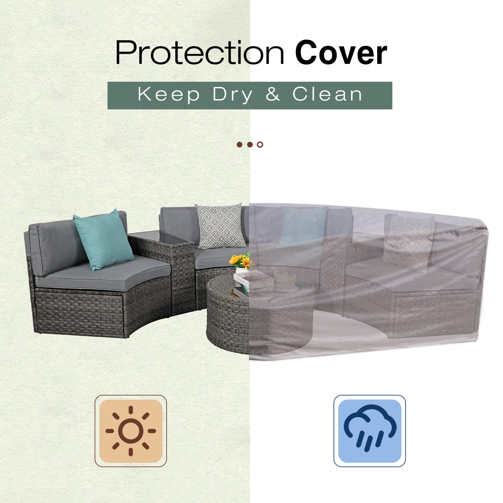 7-Piece Outdoor Patio Furniture Set - Half Moon Curved Sectional Sofa with Round Coffee Table, 4 Pillows & Waterproof Cover - Grey Rattan Wicker for Garden, Poolside & Backyard Relaxation