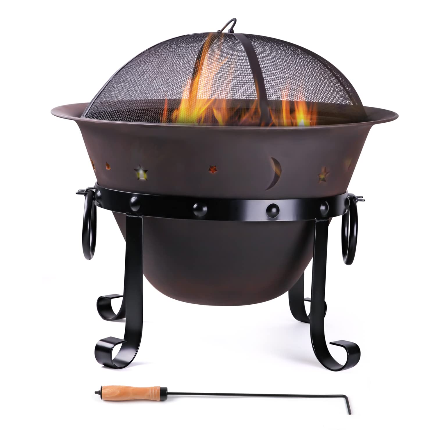 Wostore 29 Inch Large Outdoor Fire Pit - Heavy Duty Cast Iron Bonfire Pit with Spark Screen, Grate & Poker for Patio, Backyard, Camping & BBQ Gatherings