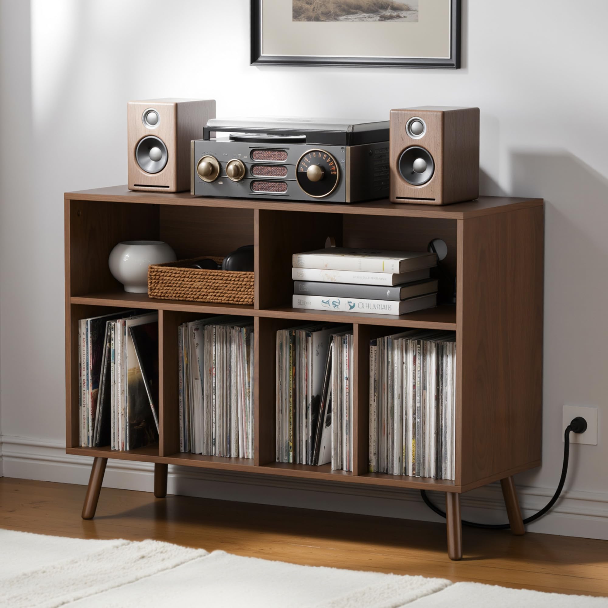 Cozy Castle Wooden Record Player Stand with Vinyl Storage - Holds 350+ Albums, Turntable Stand for Vinyl Records, Perfect for Living Room & Home Office Decor - Vintage Brown Record Shelf for Music Lovers & Collectors