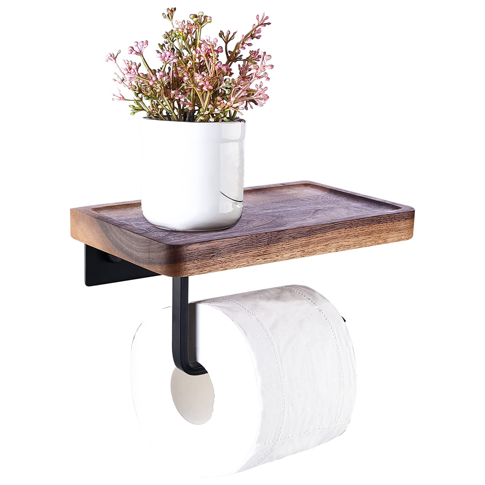 Wooden Toilet Paper Holder with Shelf - Wall Mounted Bathroom Tissue Roll Organizer with Phone Stand for Kitchen, Washroom & Home Decor | Space-Saving Storage Solution