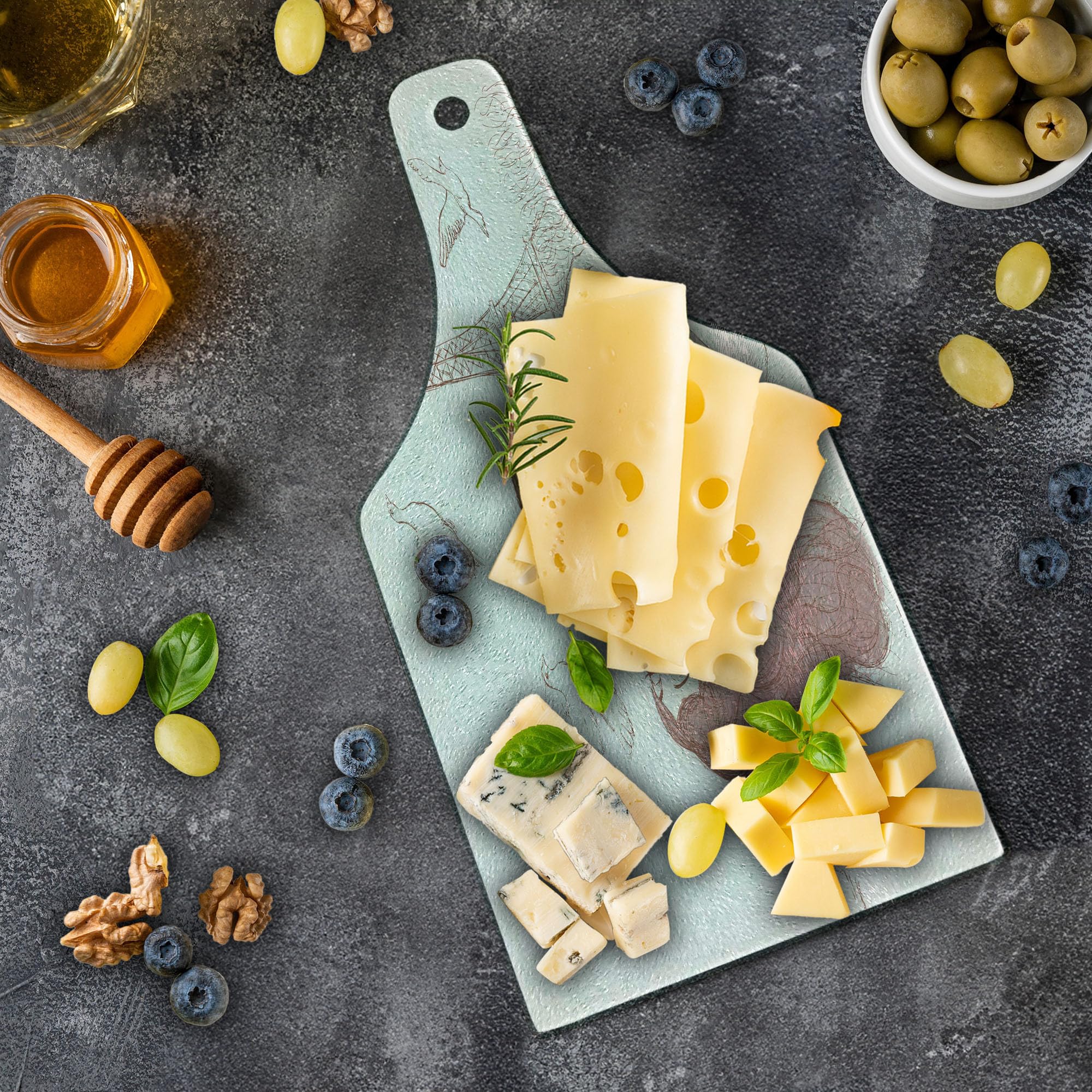 Ambesonne Romantic Wine Bottle Shaped Glass Cutting Board - Paris Love Scene with Eiffel Tower & Flying Doves - Tempered Glass Serving Board for Kitchen & Dining - Perfect for Valentine's Gifts, Anniversary Presents & Romantic Dinners