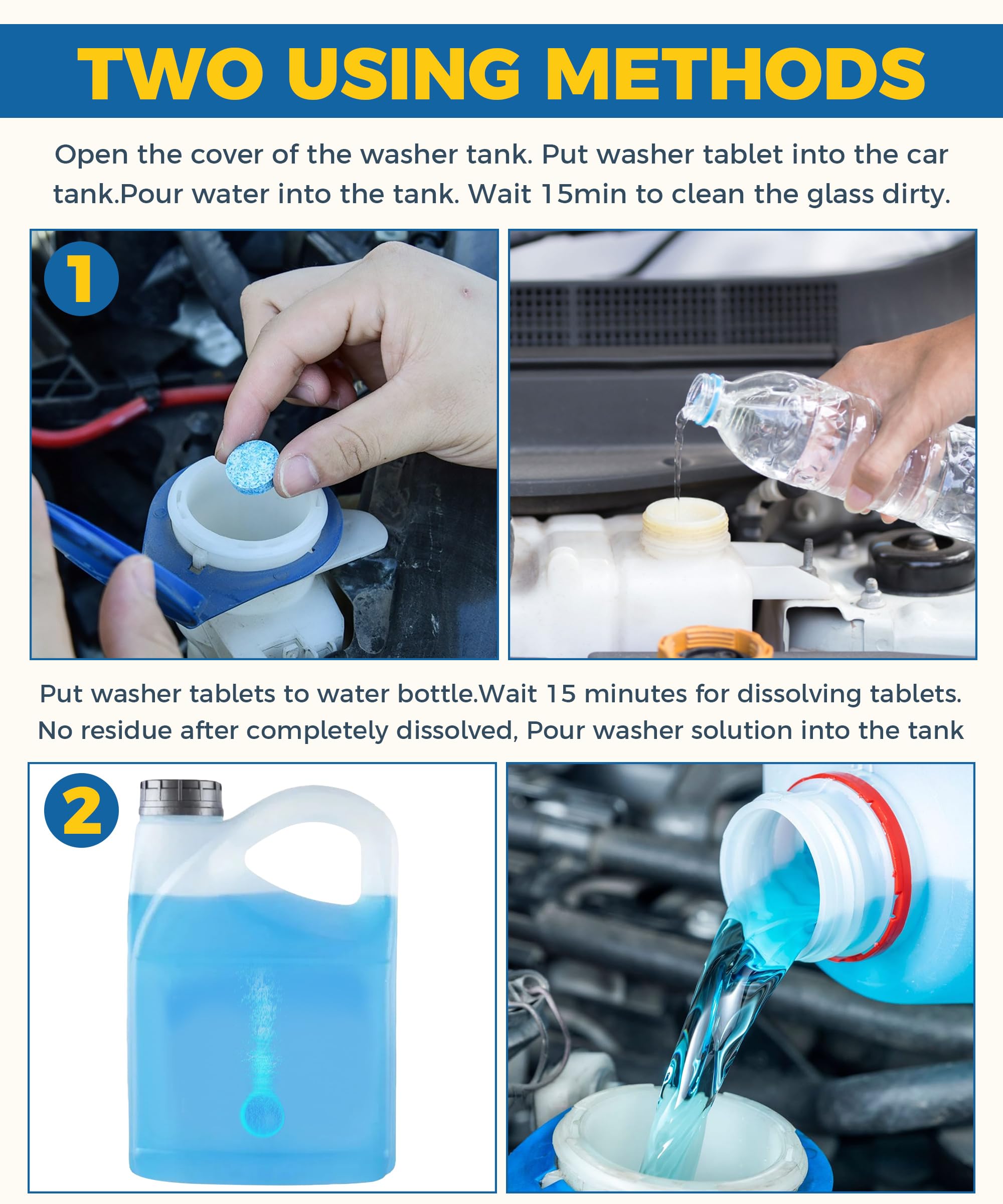 100PCS Windshield Wiper Fluid Tablets - Car Windshield Washer Concentrate for Removing Stains & Dirt | Car Accessories & Maintenance | Perfect for Road Trips, Winter Driving & Daily Cleaning
