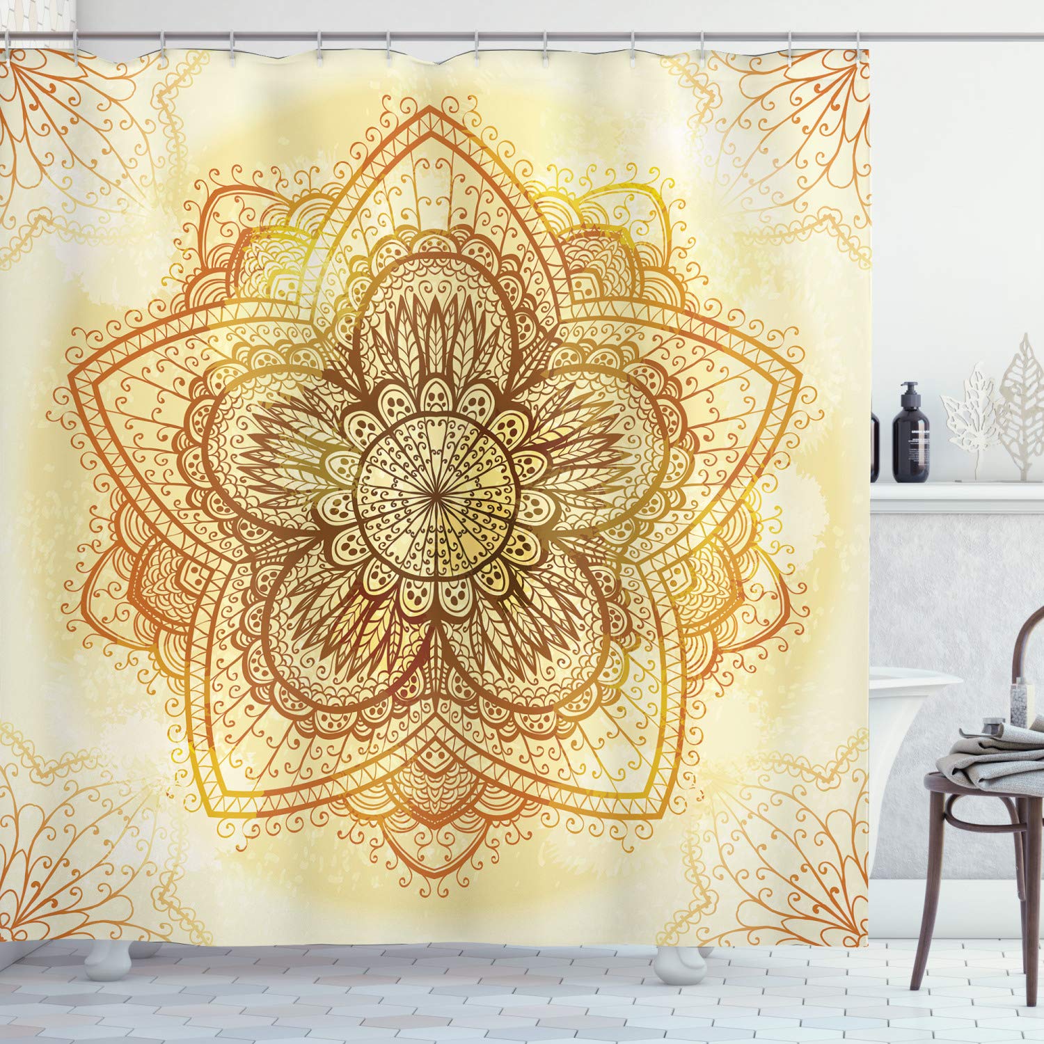 Ambesonne Eastern Shower Curtain - Traditional Mandala Design on Grunge Backdrop, 69x75 Inch Beige Cream Bathroom Decor with Hooks | Vintage Bohemian Style for Bathroom, Spa & Meditation Space