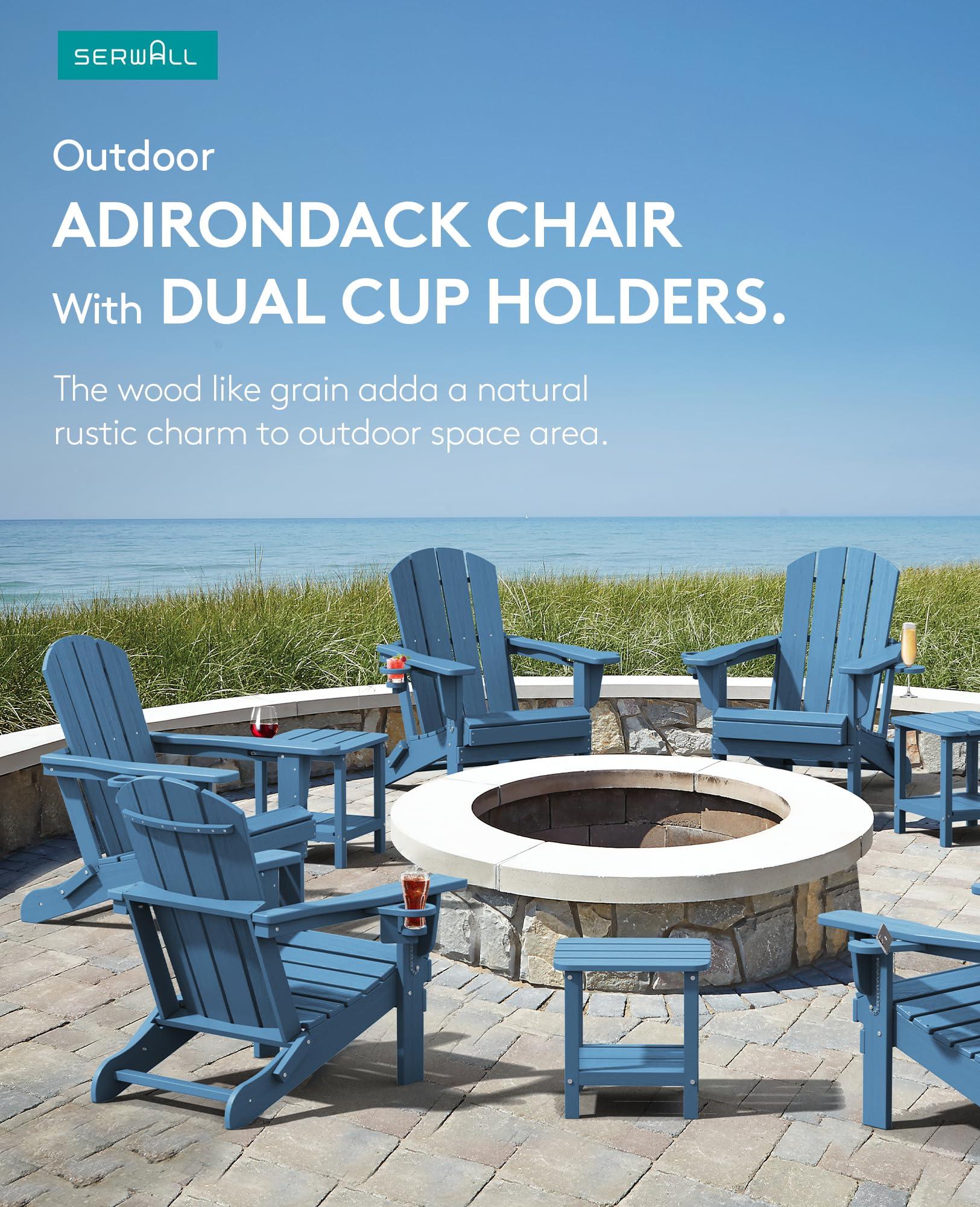 SERWALL Folding Adirondack Chair Set of 4 - HDPE Plastic Outdoor Patio Furniture with Real Wood Look - Navy Blue - Perfect for Backyard, Poolside, and Garden Relaxation