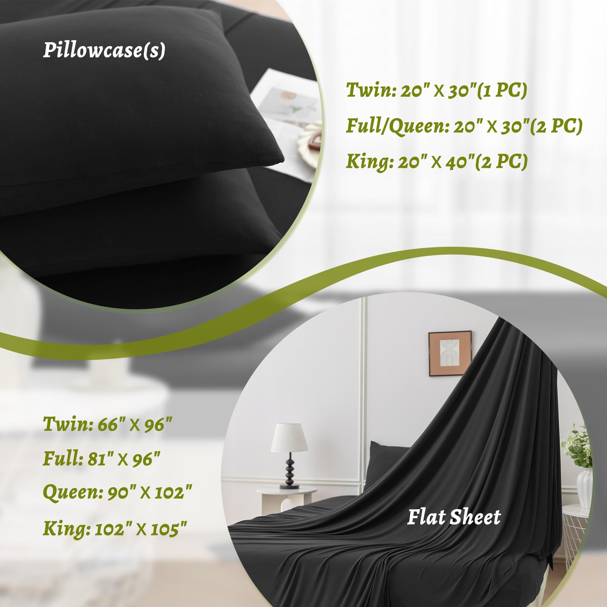 StretchSnug Queen Size Sheet Set - Deep Pocket Fitted Sheets with Corner Straps, Non-Slip Stay-on Design - 4 Piece Bedding Set in Black - Perfect for Adjustable Beds, Memory Foam Mattresses & Guest Rooms