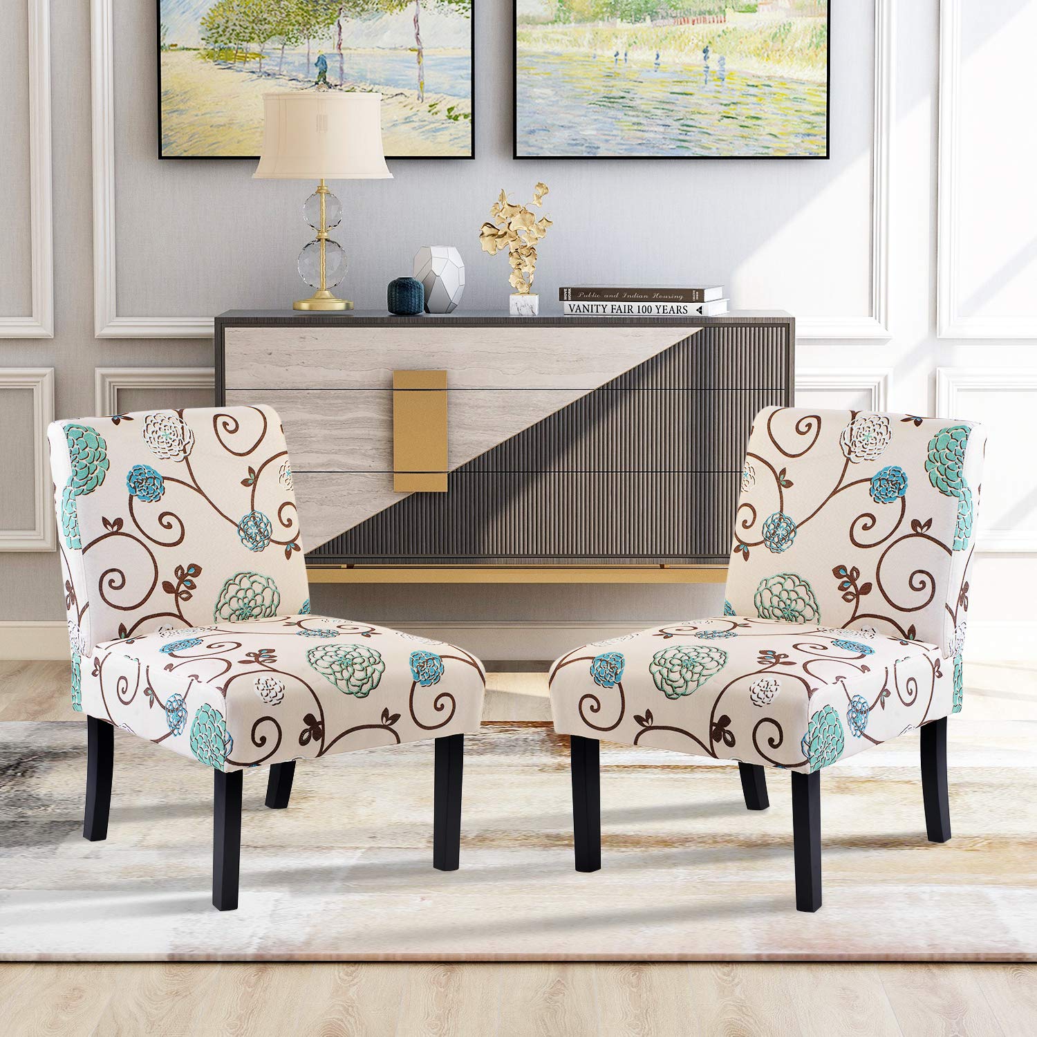 PovKeever 2-Piece Beige Floral Upholstered Accent Armless Living Room Chairs Set - Modern Comfort for Small Spaces, Reading Nook & Cozy Home Decor