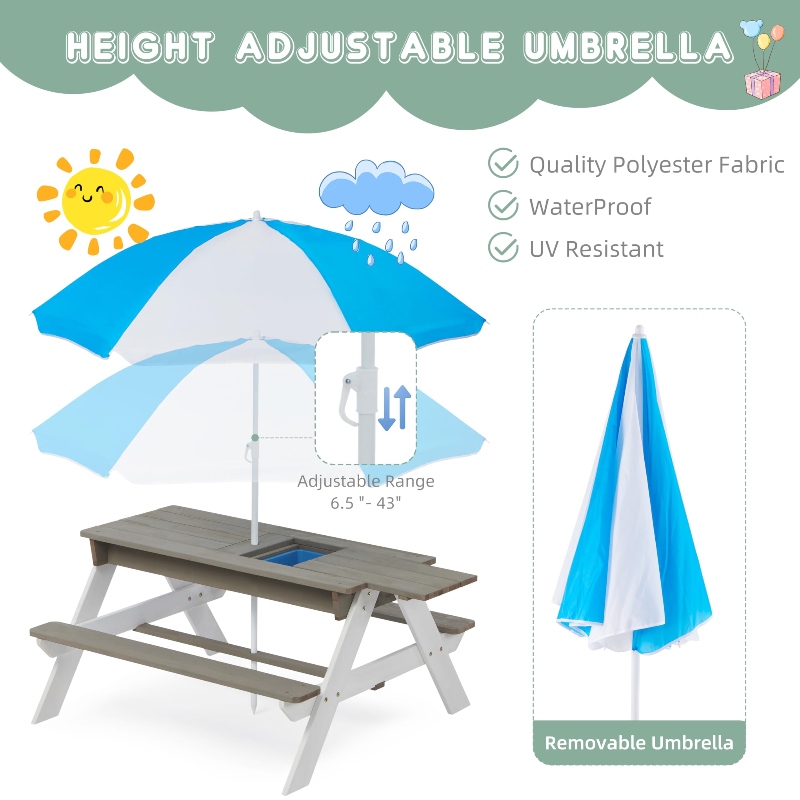 **Wooden Kids Picnic Table with Umbrella - Outdoor Sand & Water Activity Play Table for Backyard, Patio, Garden - Perfect for Toddlers & Preschoolers Playtime**