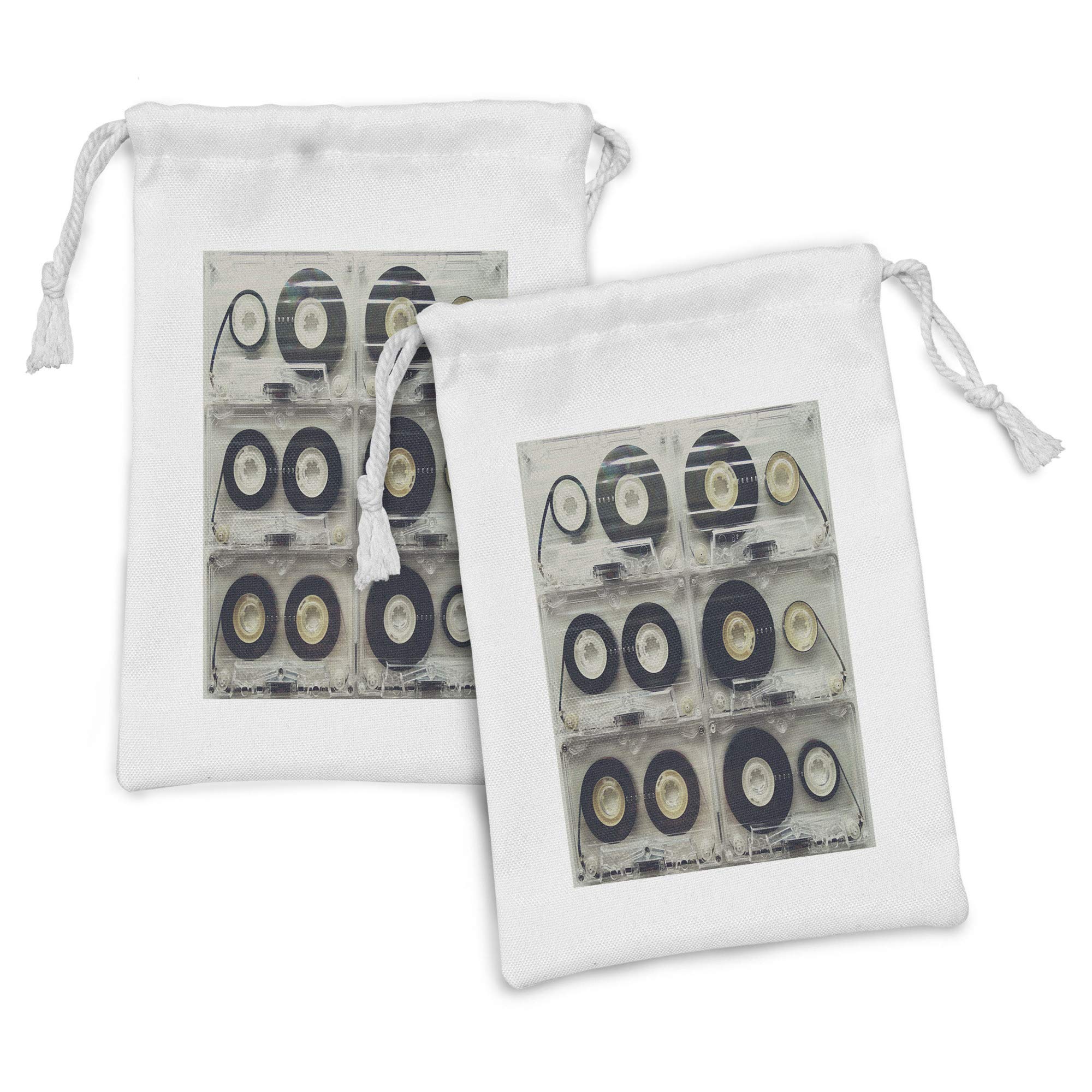 Ambesonne 90s Retro Fabric Pouch Set of 2 - 80s 70s Vintage Dance Music Theme Drawstring Bags for Toiletries, Masks, Party Favors, Cosmetics & Travel Accessories, 9x6 Inch Black