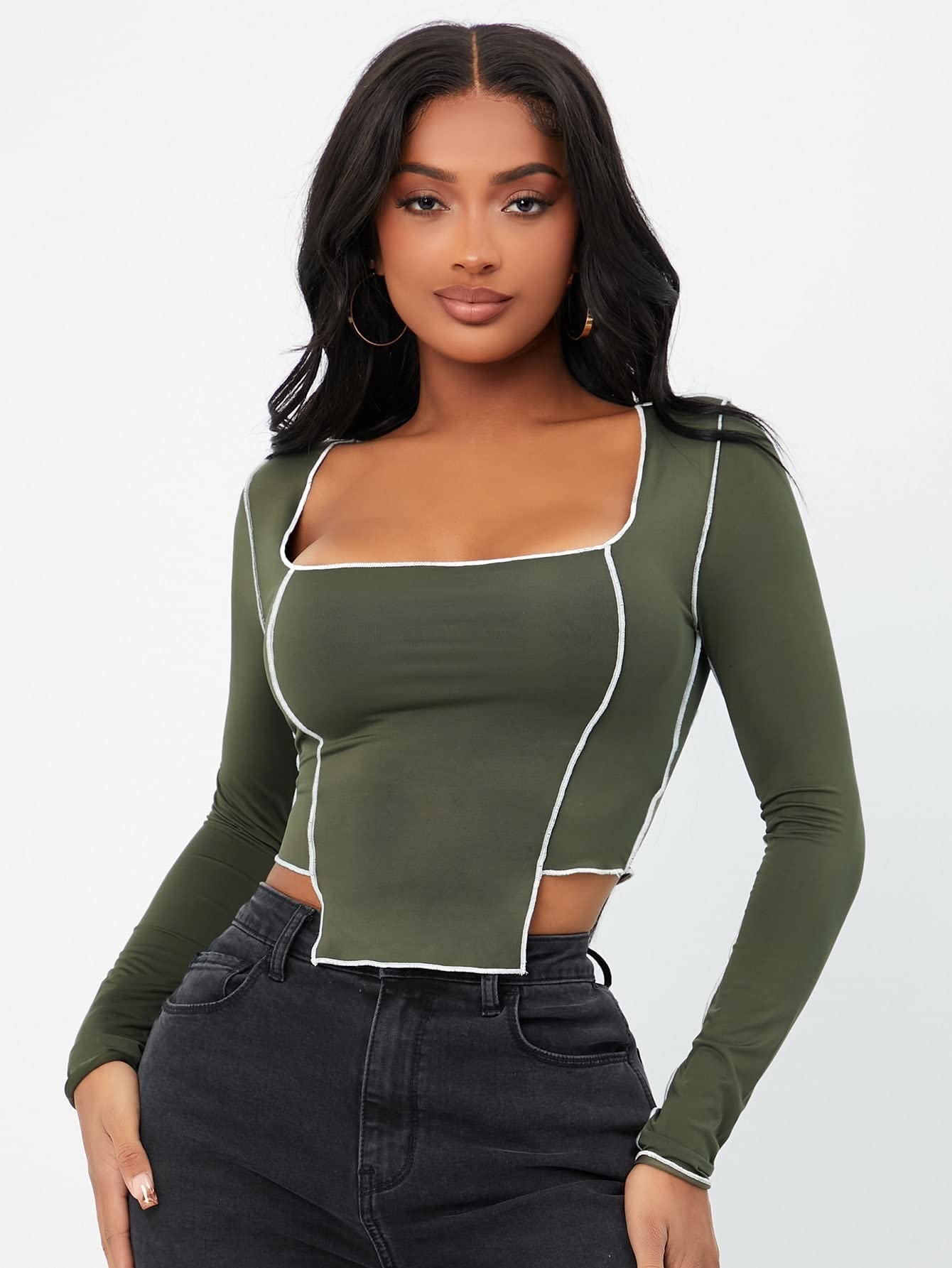 BEEOME Women's Casual Long Sleeve Asymmetrical Hem Crop T-Shirt - Stitch Trim Blouse for Home, Office & Everyday Wear | Comfortable & Stylish Top