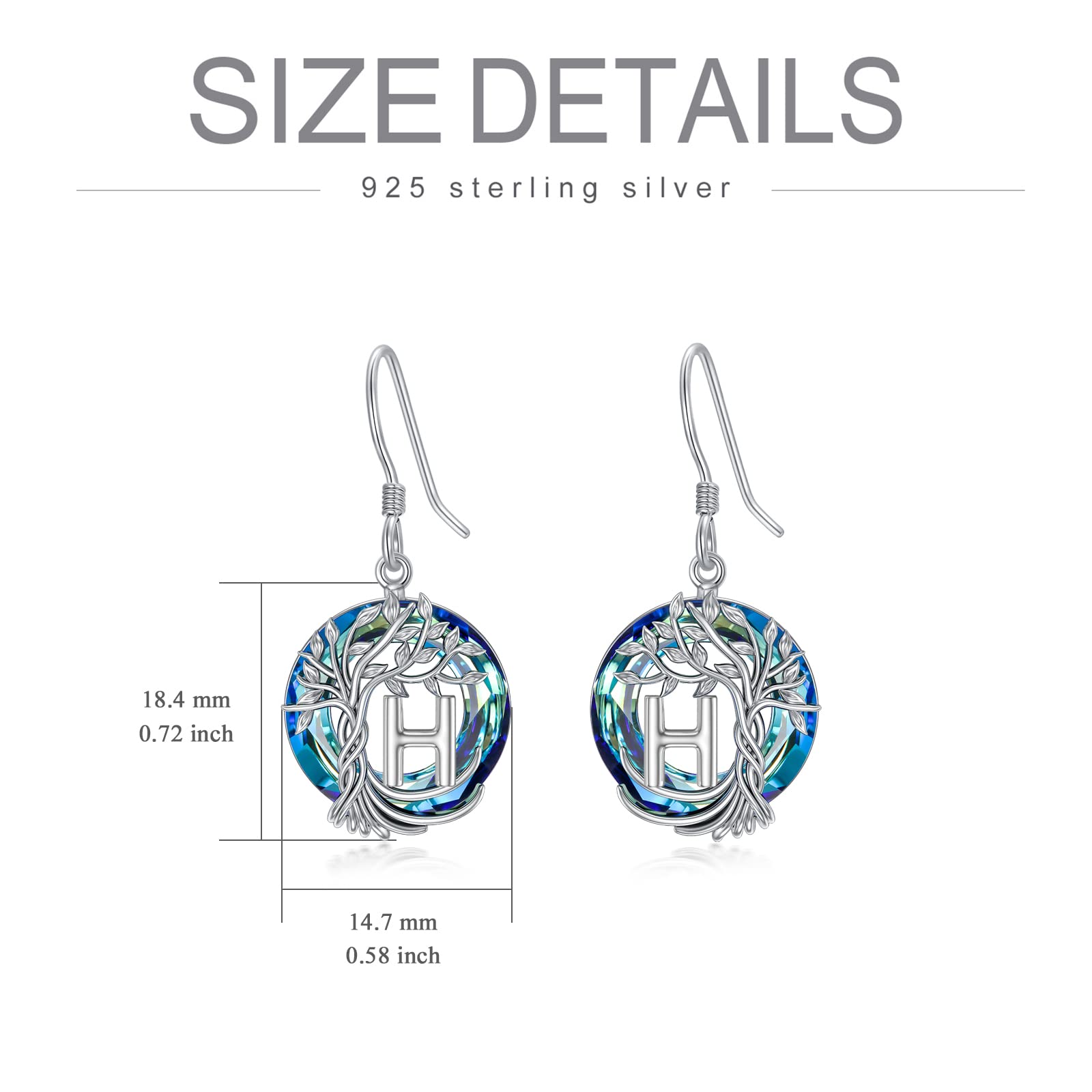 TOUPOP Tree of Life Initial Earrings - 925 Sterling Silver A-Z Letter Drop Dangle Earrings with Blue Circle Crystal, Valentine's Day, Anniversary & Birthday Gifts for Women, Her, Girlfriend & Mom | Perfect for Everyday Wear, Date Nights & Special Occasions