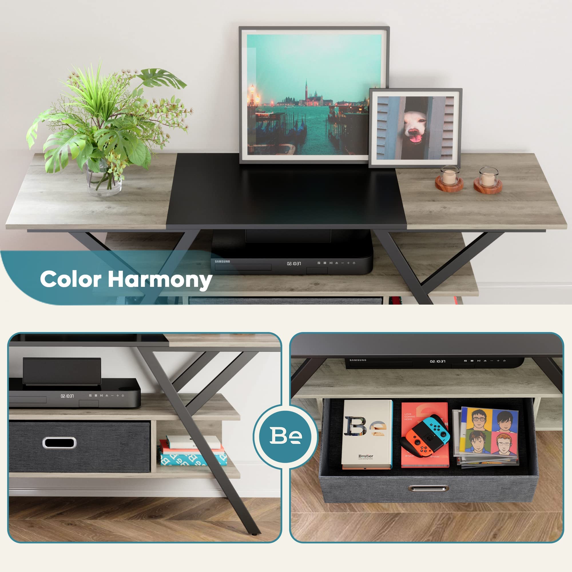 Bestier 55/60/65 Inch LED TV Stand with Storage Drawers - Modern Entertainment Center for Gaming Consoles (PS5/Xbox) - Wash Gray TV Cabinet for Living Room & Bedroom - Perfect for Movie Nights & Gaming Sessions