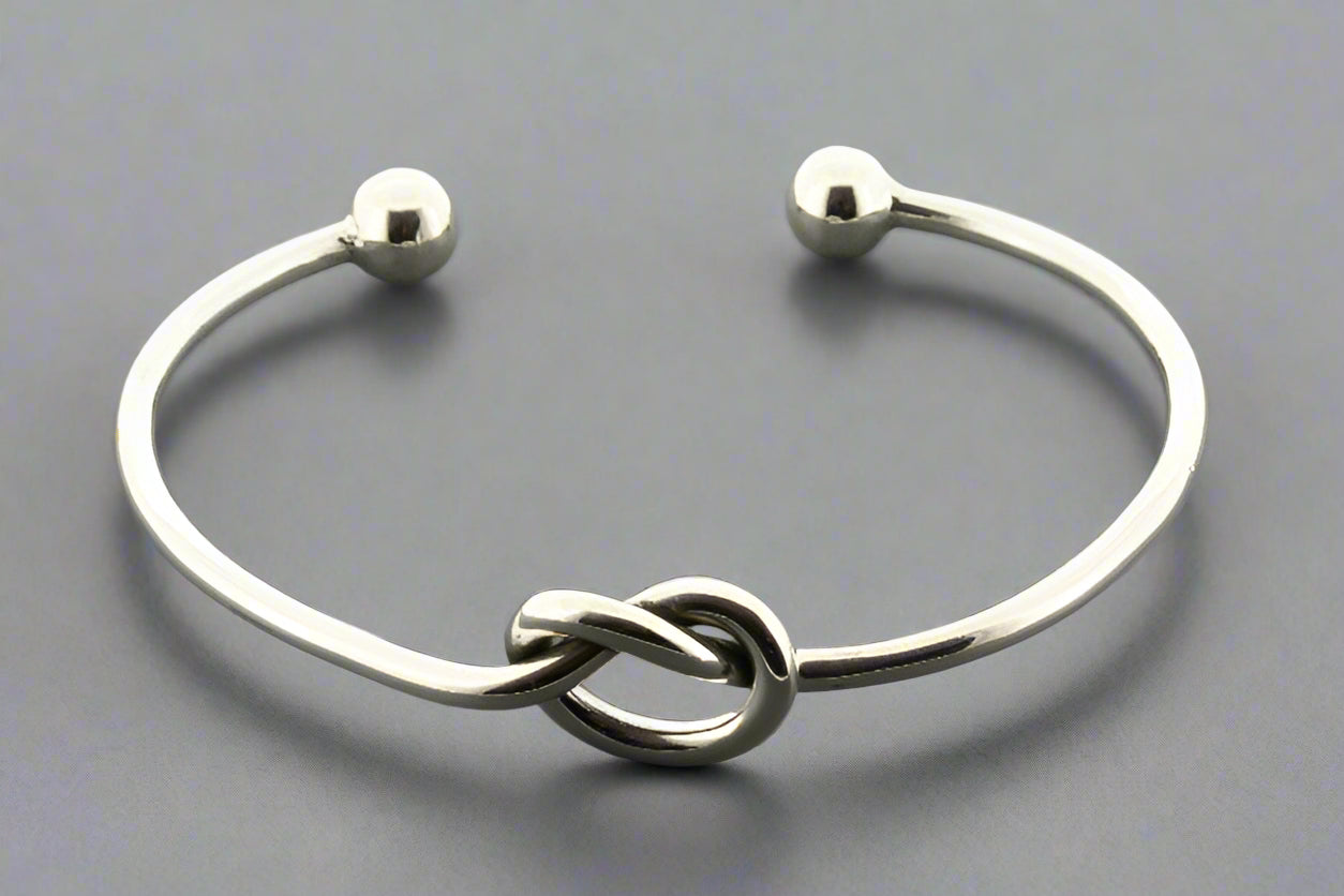 Sterling Silver Heart Knot Cuff Bracelet with Ball Bead Ends - Perfect for Valentine's Day Gifts, Anniversary Presents & Romantic Occasions