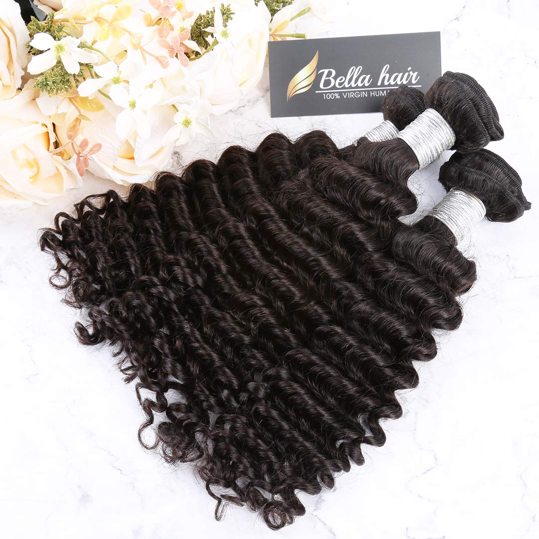 Bella Hair 24inch Deep Wave Virgin Human Hair Bundles - 100% Natural One Donor Brazilian Hair Weave (3 Bundles) for Stunning Curly Hairstyles & Everyday Wear