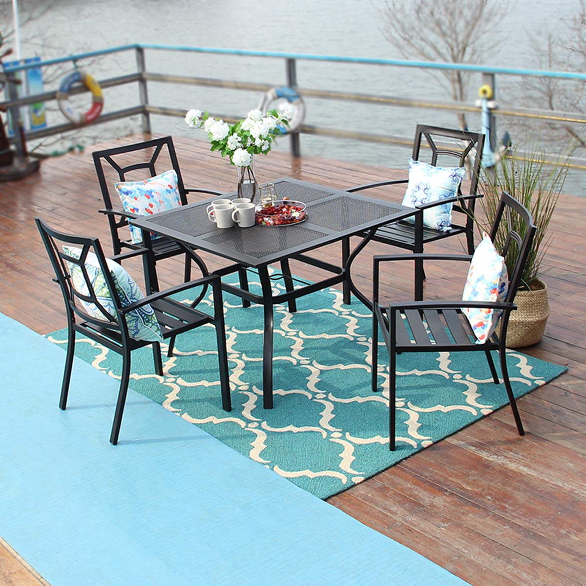 PHI VILLA 5-Piece Outdoor Dining Set with Square Metal Mesh Table & 4 Chairs - Patio Furniture with 1.57