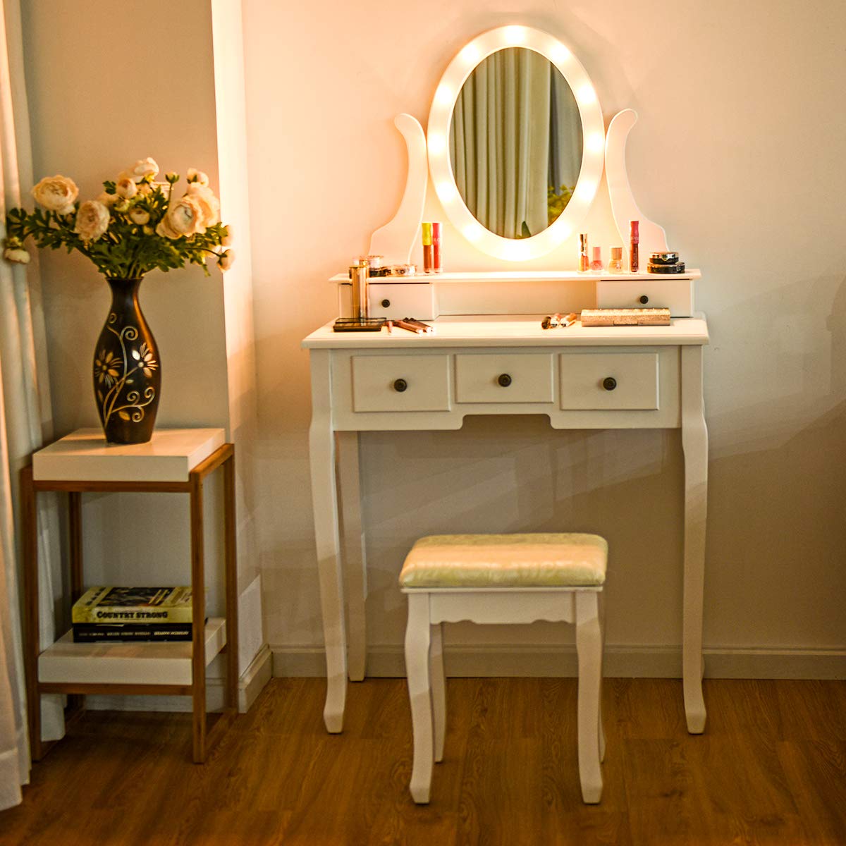Giantex 12-Light Vanity Table Set with 360° Rotating Oval Mirror, 5 Drawers & Shelf - Modern Makeup Dressing Table with Cushioned Stool for Women & Girls (White) | Perfect for Bedroom, Dorm Room & Home Beauty Station