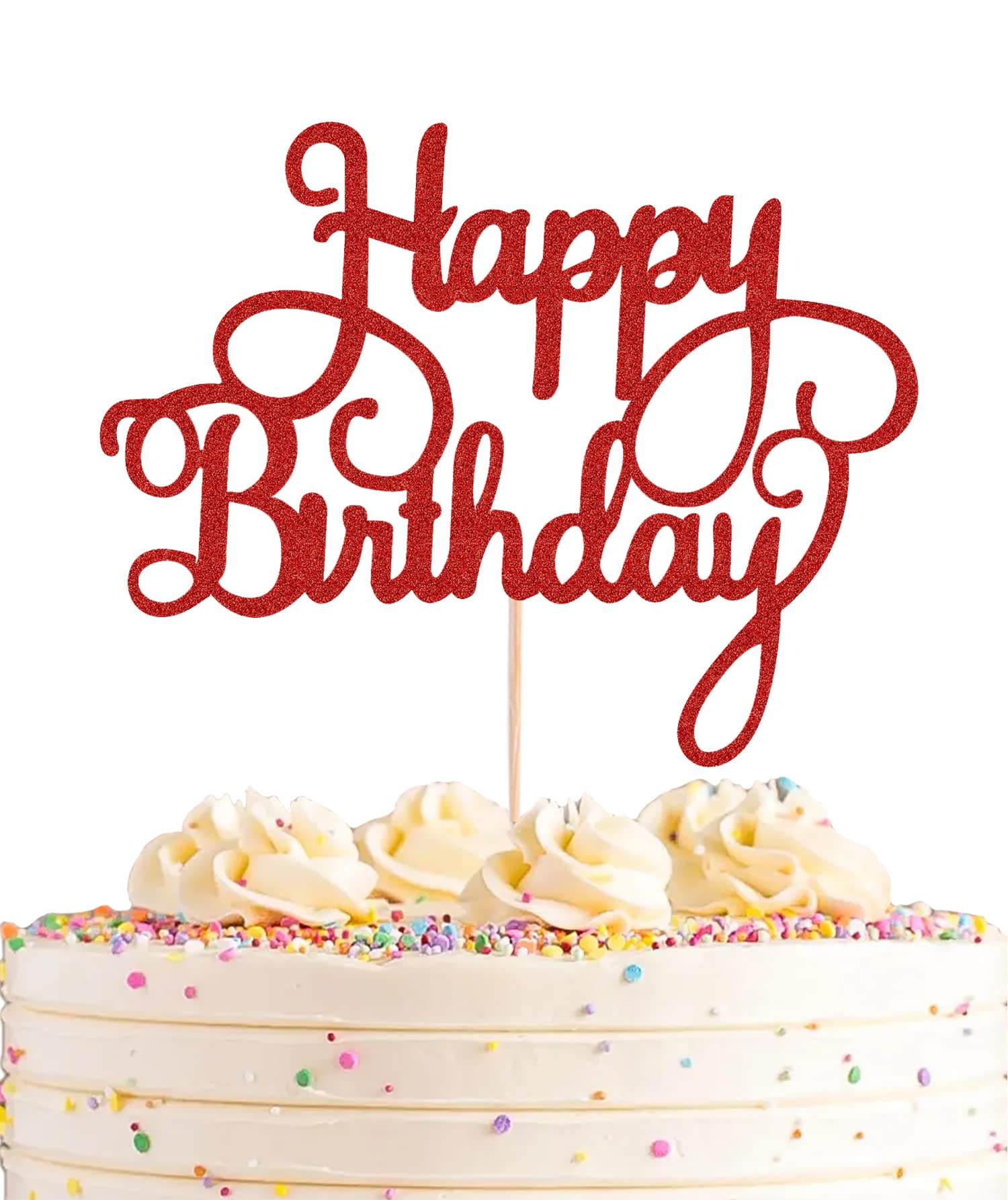Red Glitter Happy Birthday Cake Topper & Bunting Decor - Anniversary Party Cake Decoration Supplies - Photo Booth Props for Birthday Cakes, Wedding Anniversaries & Special Celebrations