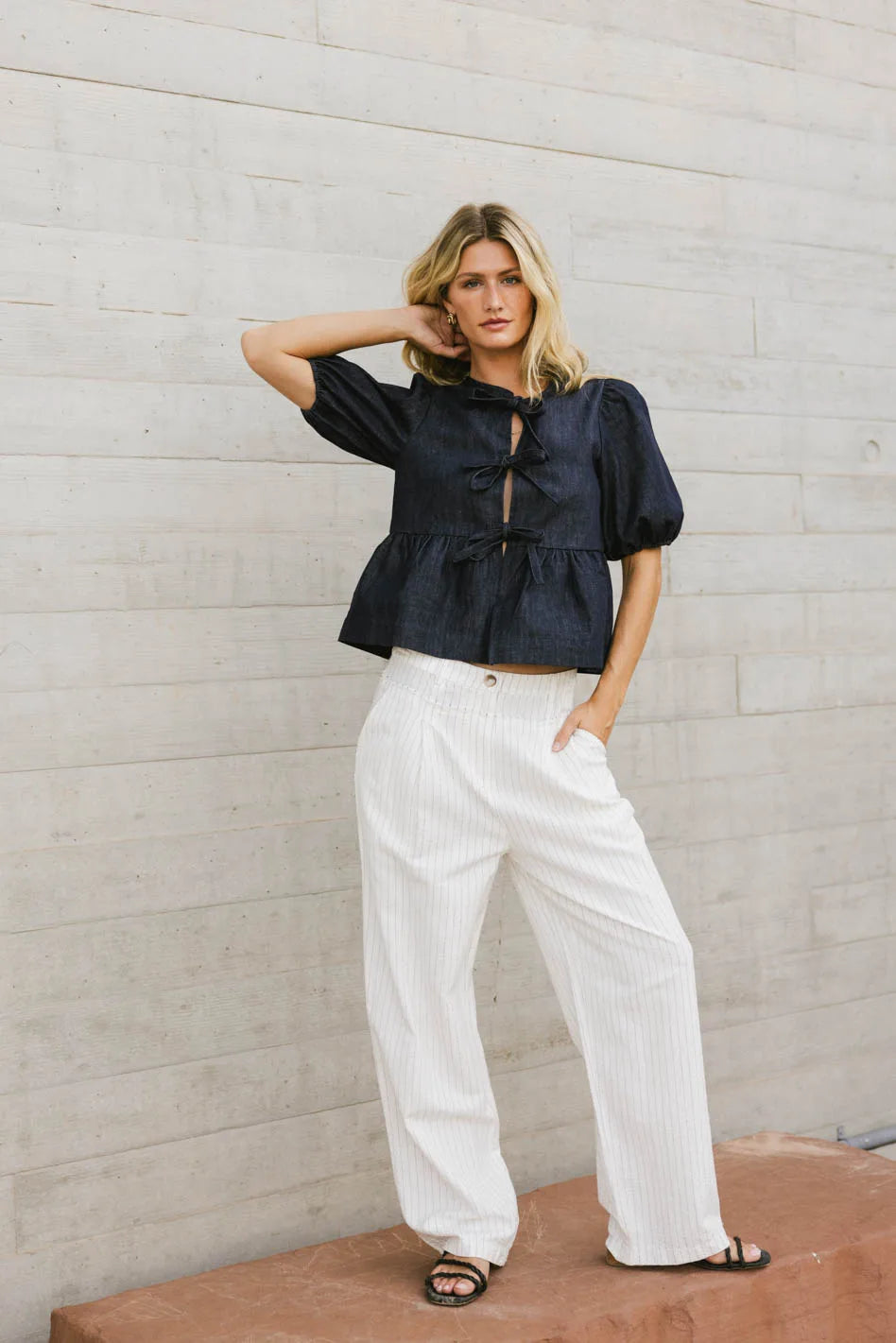 Stylish Natalia Peplum Tie Blouse in Dark Wash - Women's Fashion Top for Work & Evening Out | FINAL SALE