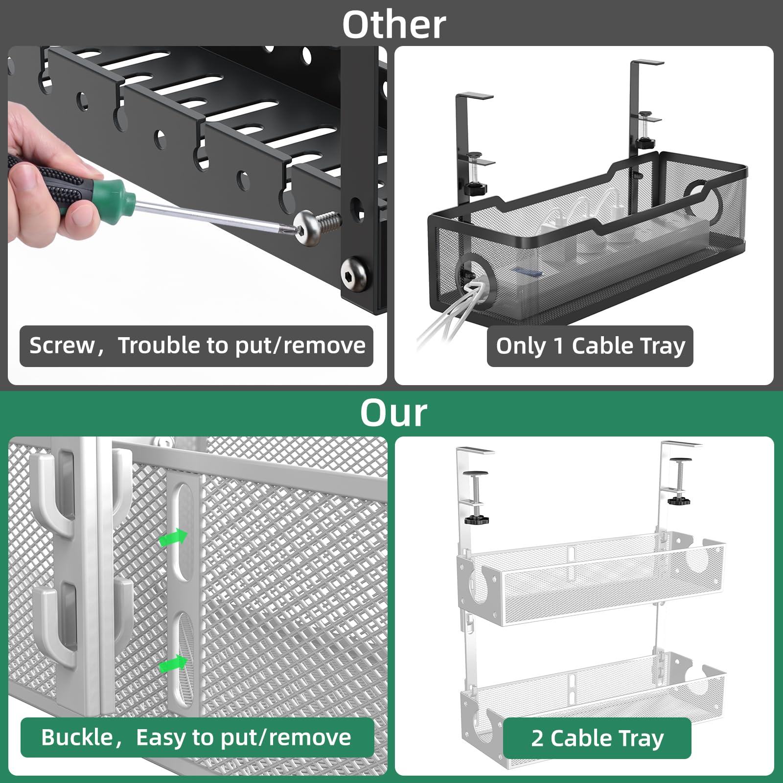 2 Pack Metal Under Desk Cable Management Tray - No Damage Wire Organizer Clamp Mount for Table/Desk Cord Organization (White) - Perfect for Home Office, Gaming Setup & Workspace Organization