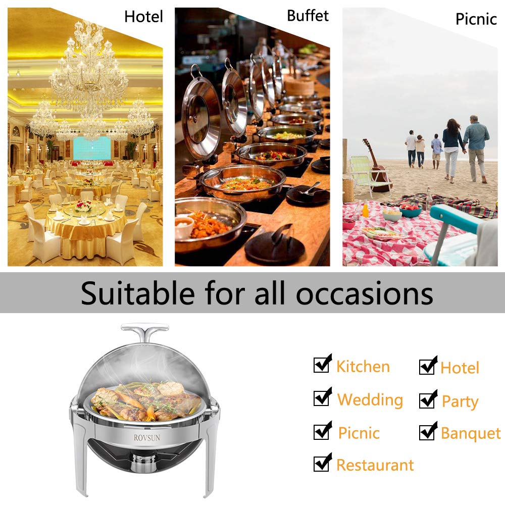 ROVSUN 6 Quart Stainless Steel Chafing Dish Buffet Set - NSF Certified Roll Top Chafer with Food Pan, Water Pan & Fuel Holders - Perfect for Weddings, Parties, Banquets & Catering Events - Keep Food Warm at Buffets, Events & Large Gatherings
