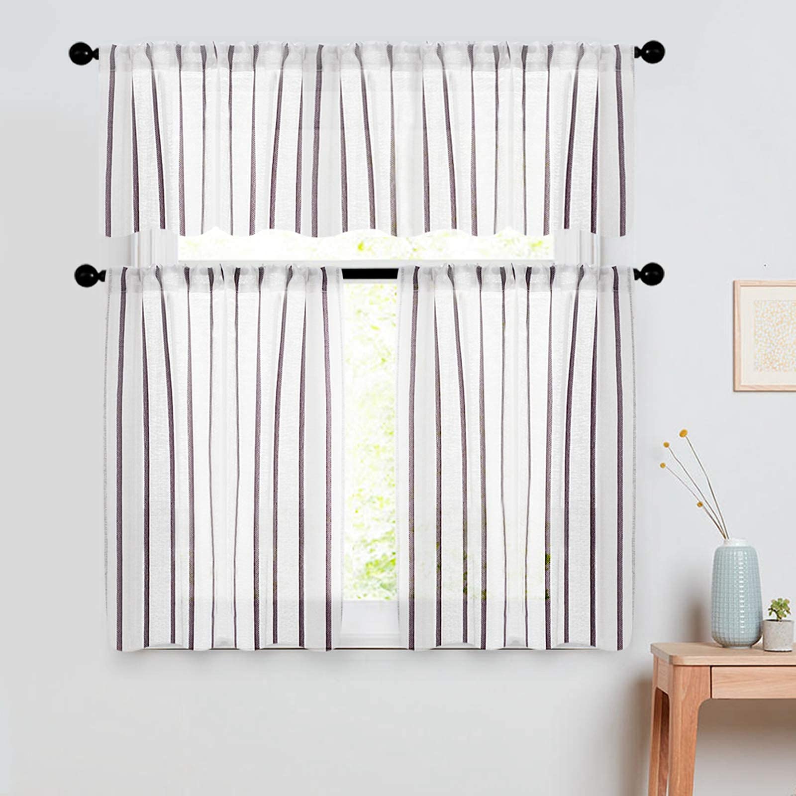 MRTREES Striped Sheer Valance Curtain with Rod Pocket - Light Filtering Linen Textured Window Treatment for Bedroom, Living Room & Kitchen (1 Panel, 54x16 Inches, Grey Stripe) - Perfect for Adding Elegance to Windows & Enhancing Natural Light