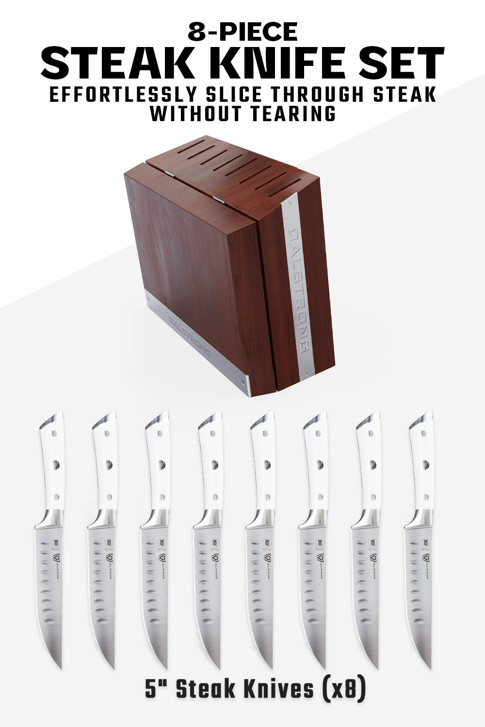 Premium 8-Piece Steak Knife Set with Wooden Storage Block - White ABS Ergonomic Handles - Dalstrong Gladiator Series - Perfect for Steakhouse Dining, BBQ Parties & Home Kitchen Use