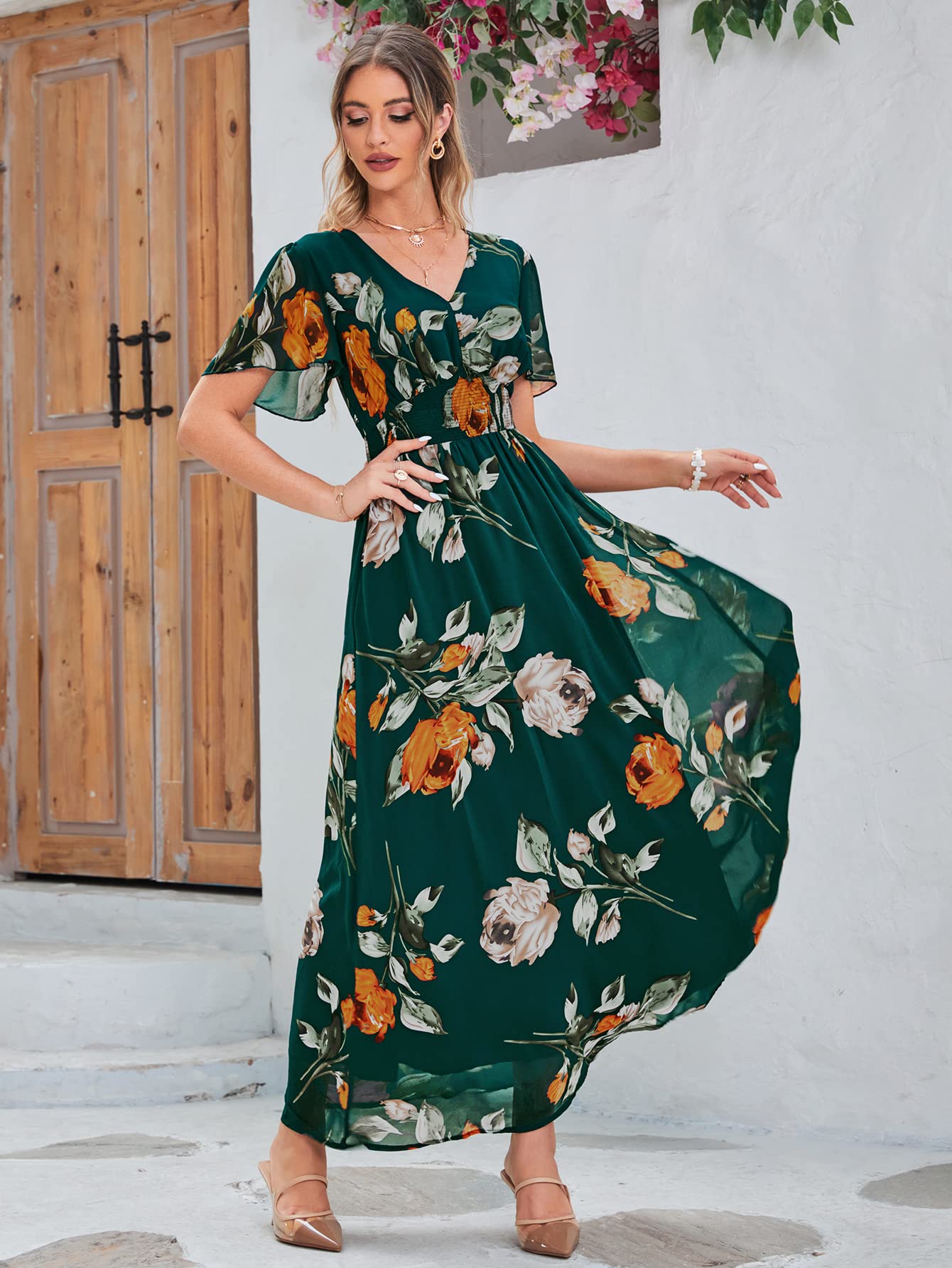Boho Floral Maxi Dress for Women - Flowy Casual V-Neck Short Sleeve Wedding Guest Dress | Perfect for Beach Vacations, Summer Holidays & Special Occasions