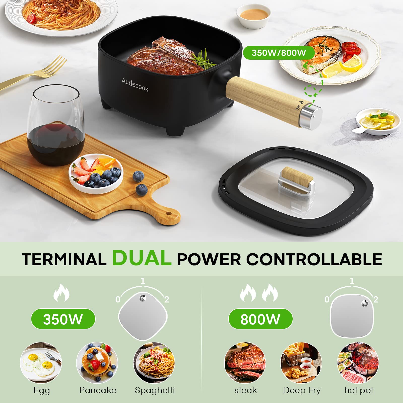 Audecook 2L Electric Hot Pot with Ceramic Non-Stick Coating, 8-Inch Portable Travel Cooker for Ramen, Steak, Fried Rice, Oatmeal & Soup - Dual Power Control & Included Silicone Spatula | Perfect for Dorm Rooms, Camping Trips & Small Kitchen Cooking