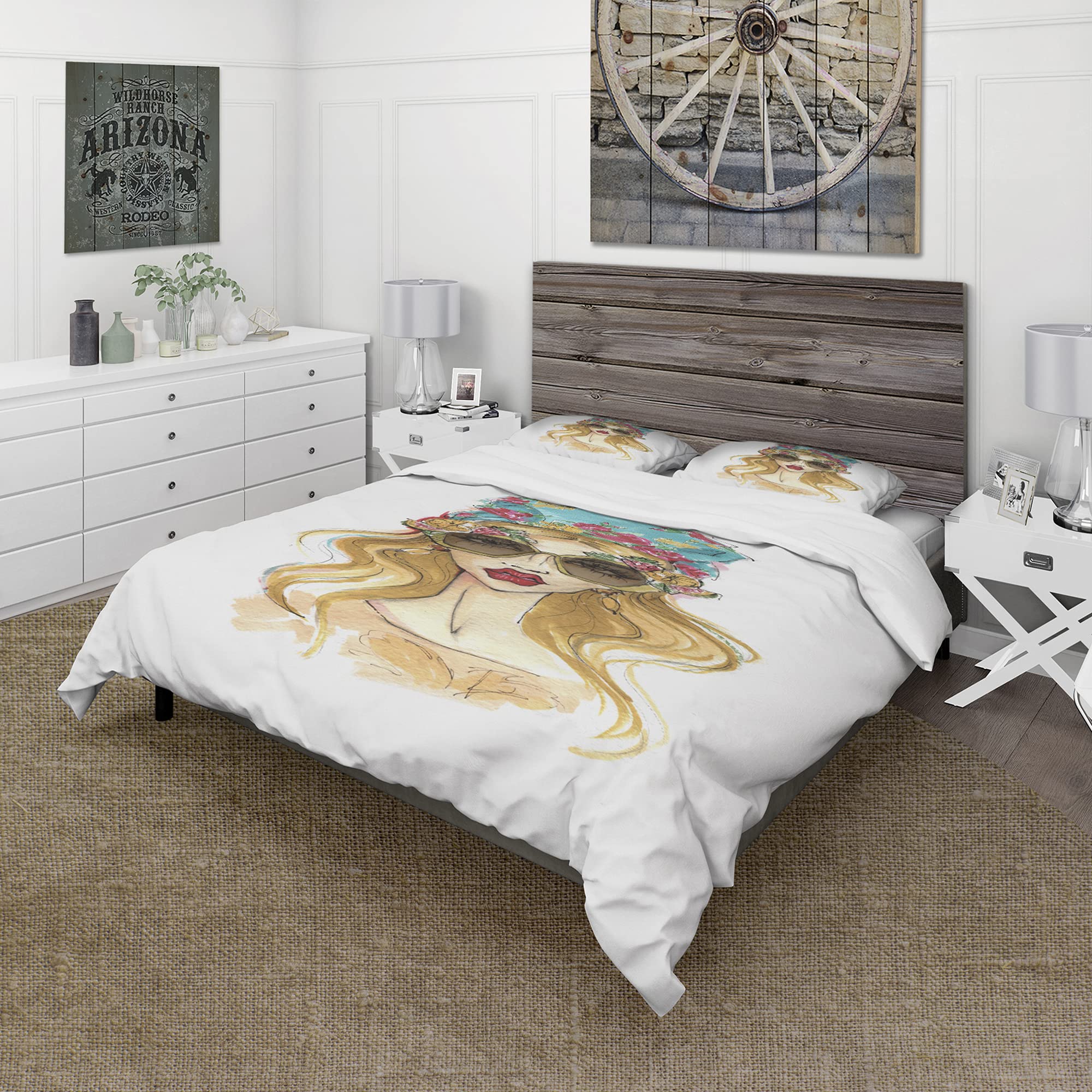 Trendy Sunglasses Girl Print White Duvet Cover Set Queen - 3 Piece Modern Contemporary Bedding Set for Girls & Teens - All Season Soft & Romantic Bedroom Decor for Dorms, Apartments, or Home