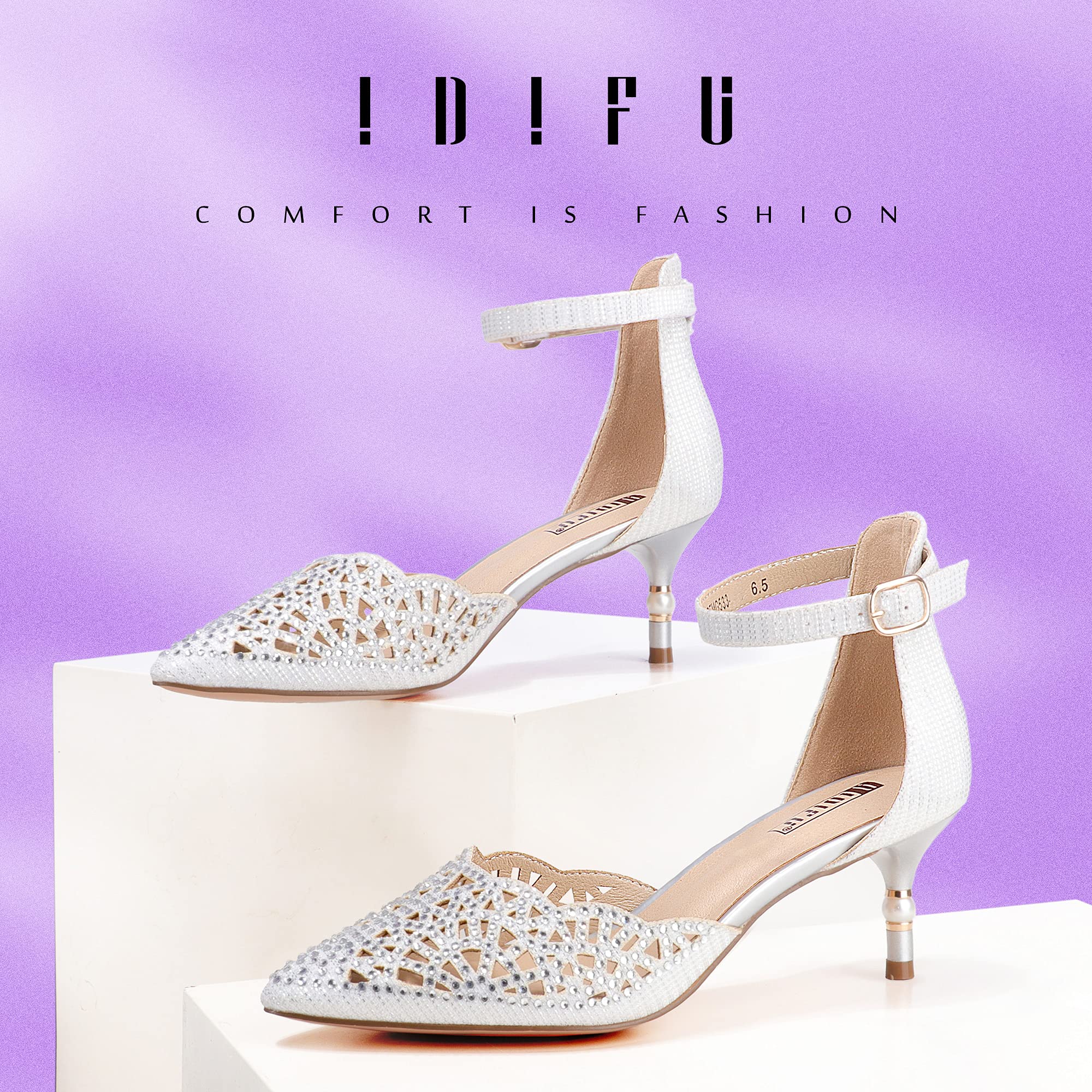 IDIFU Women's Rhinestone Sequins Low Kitten Heel Pumps - Wedding Party Dress Shoes for Bride, Bridesmaid & Evening Events | Comfortable Elegant Formal Occasion Footwear
