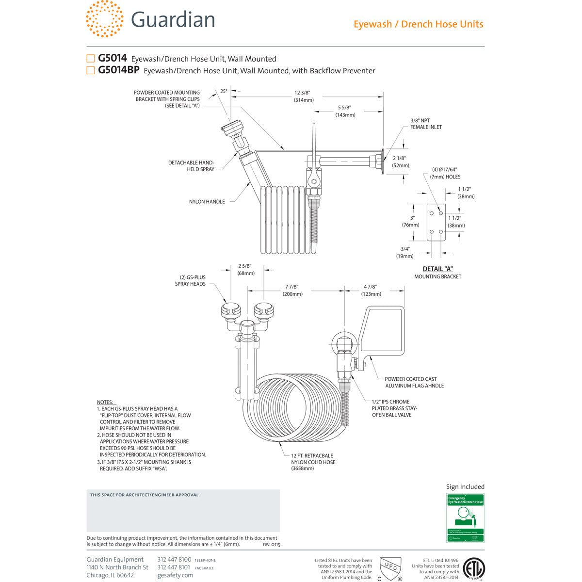 Guardian G5014BP Wall Mounted Eyewash & Drench Hose Unit with Backflow Preventer - Emergency Eye Wash Station for Laboratories, Factories & Industrial Safety