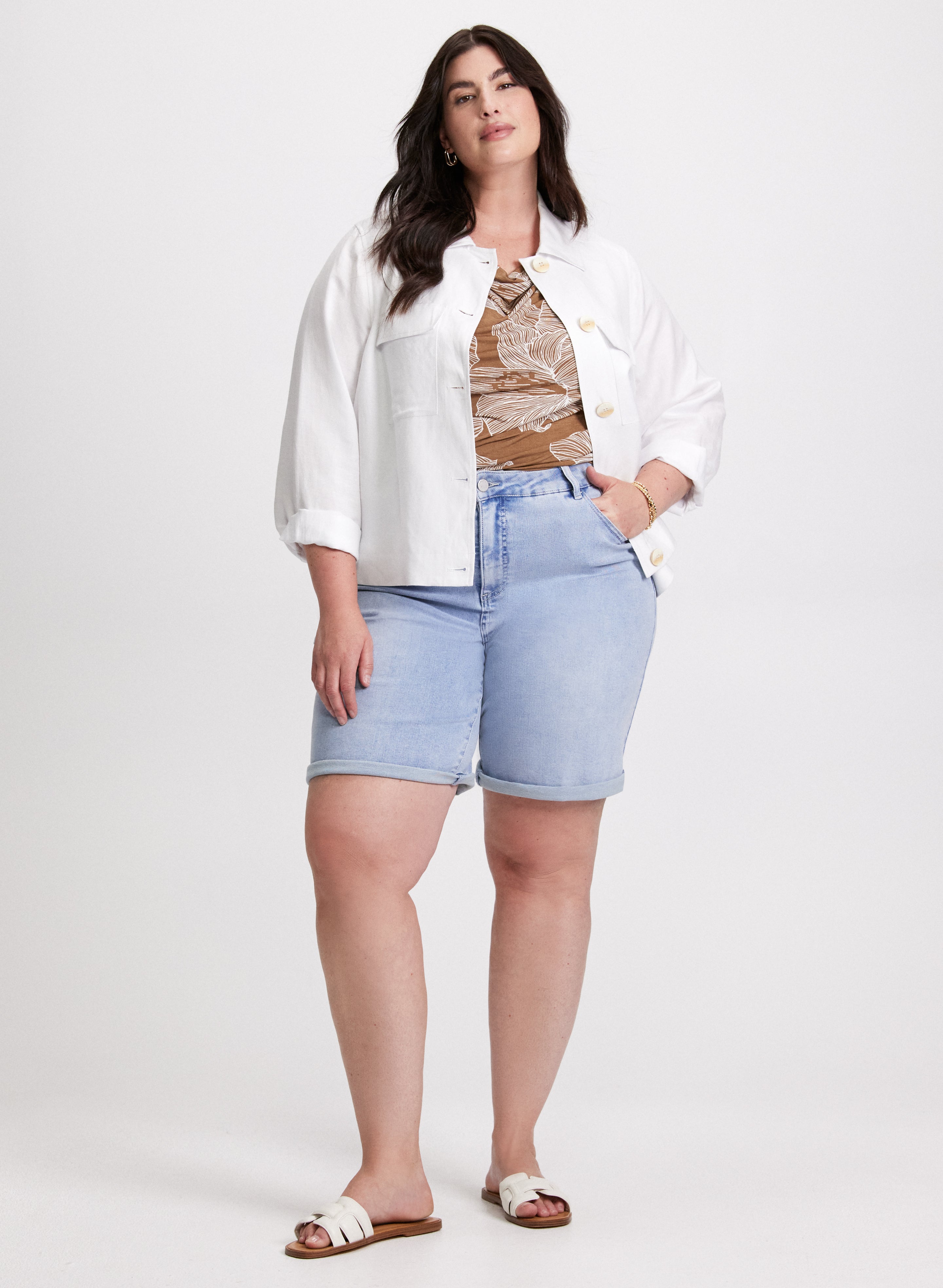 Cropped Linen Blend Shacket & Denim Bermuda Shorts Set - Women's Casual Summer Outfit for Beach, Vacation and Street Style Fashion