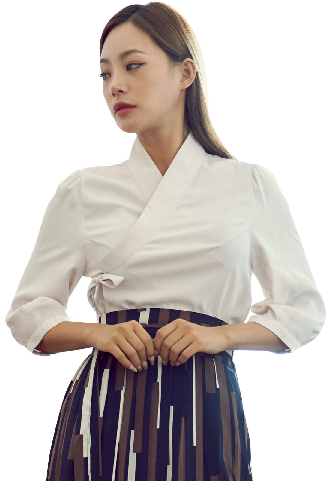 TETEROT SALON Women's 3/4 Sleeve Korean Hanbok Blouse - Vintage Style Party Top in Ivory | Traditional Korean Dress for Festivals, Weddings & Cultural Events