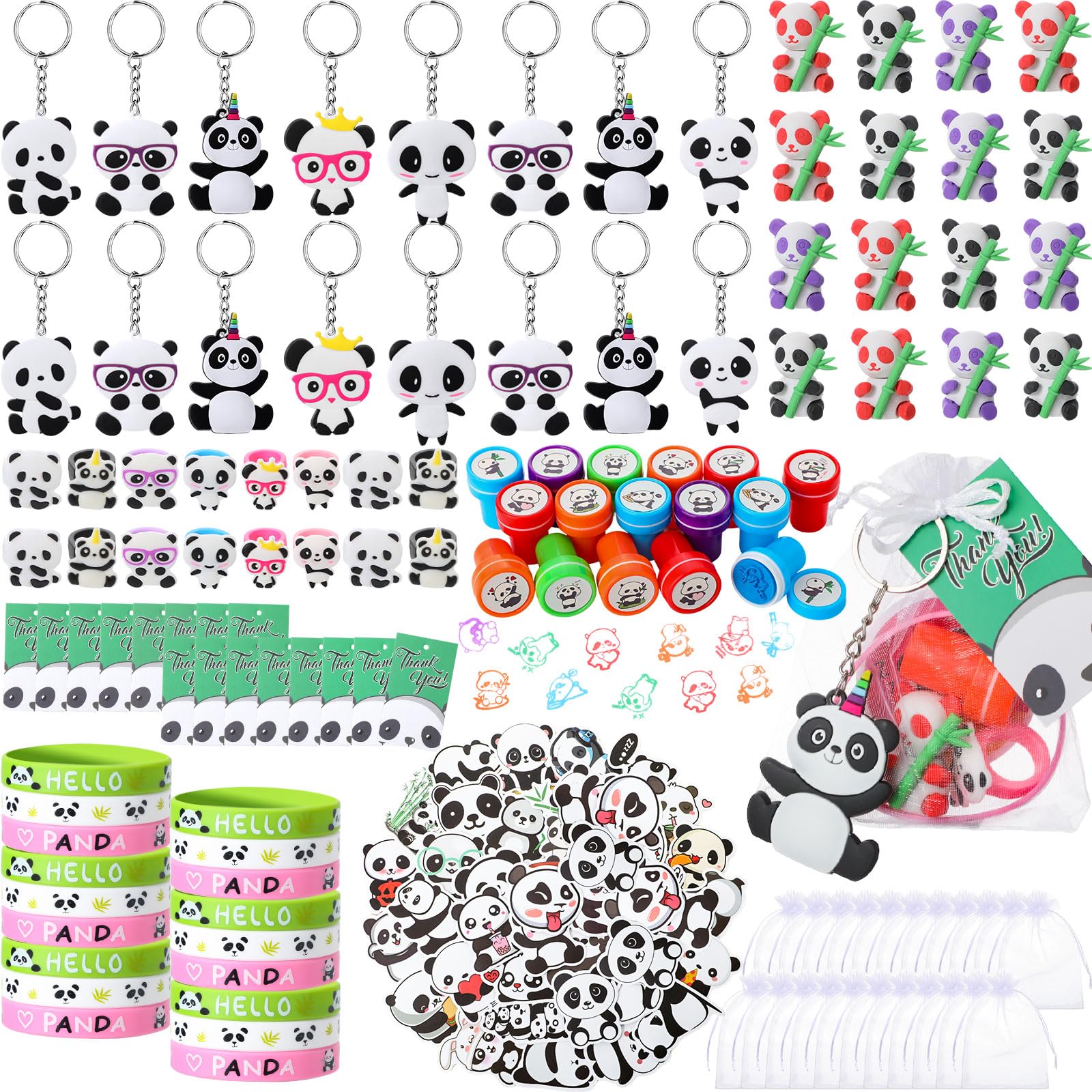 Seajan 162 Pcs Panda Party Favors Set - 16 Keychains, Bracelets, Stamps, Erasers & Stickers for Kids Birthday Party Decorations | Perfect for Panda Themed Birthday Parties & Baby Showers