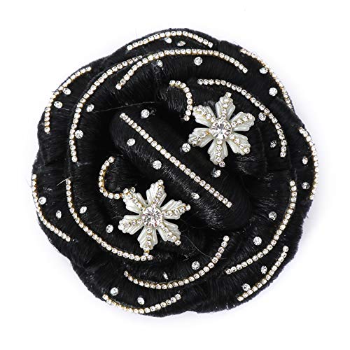 Shivarth Black Synthetic Hair Bun with Flower Stone Work - Women's Artificial Juda Hair Accessories for Wedding, Party & Daily Use - Medium Size Hairpiece for Women & Girls