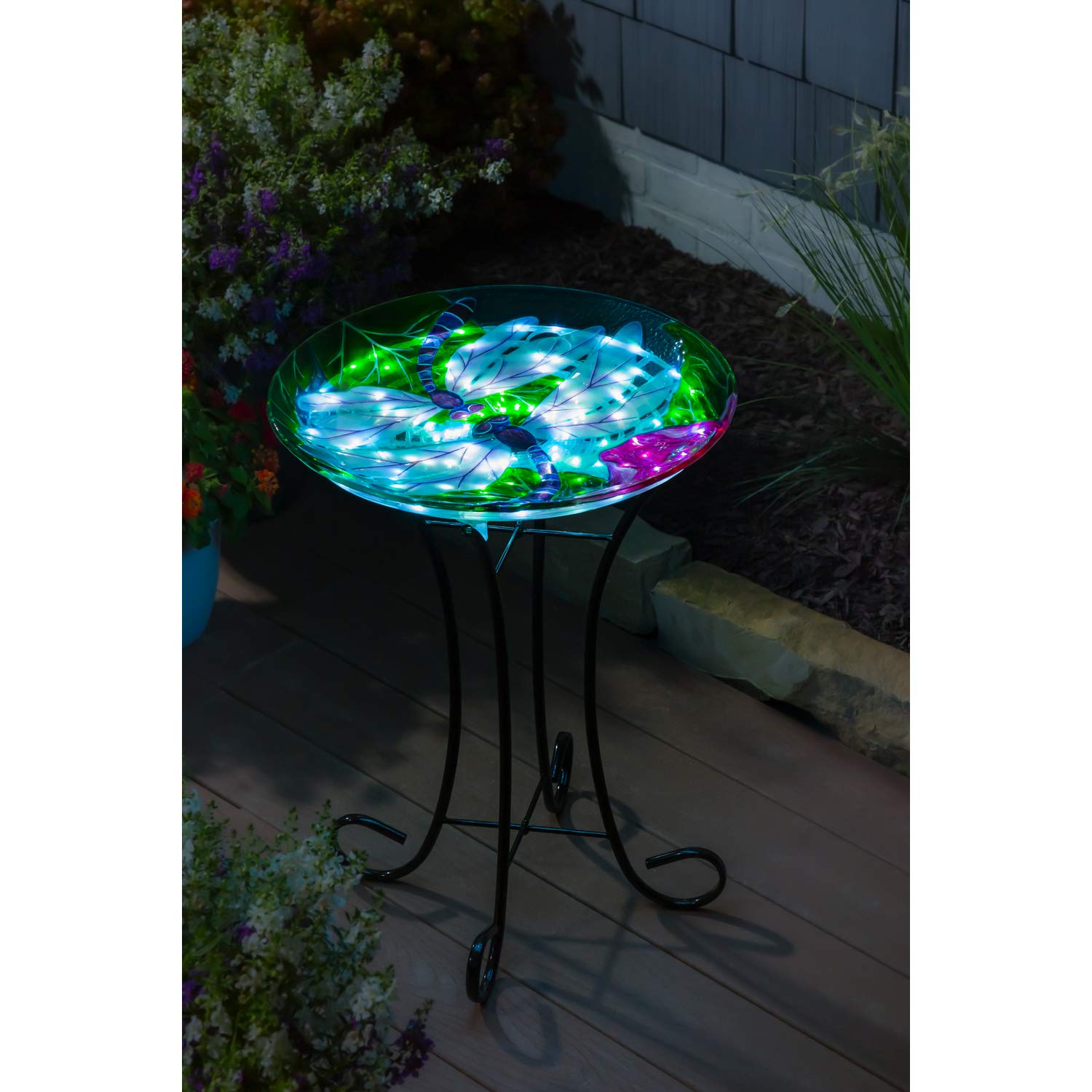 Evergreen Garden Dragonfly Duo Solar Glass Bird Bath - 18 x 2 x 18 Inches, 64oz Capacity | Outdoor Garden Decor for Patio, Lawn & Backyard | Solar-Powered Bird Feeder & Water Dish for Wild Birds | Perfect for Bird Watching & Garden Decoration