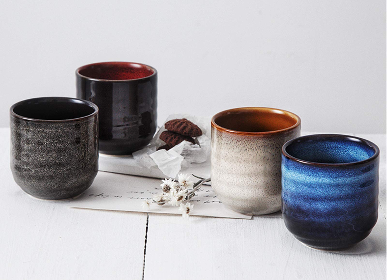 Japanese Style Ceramic Tea Set - 4-Piece Blue Ceramic Tea Cups & Coffee Mugs for Yerba Mate, Matcha, or Herbal Tea - Perfect for Home, Office, or Gift Giving