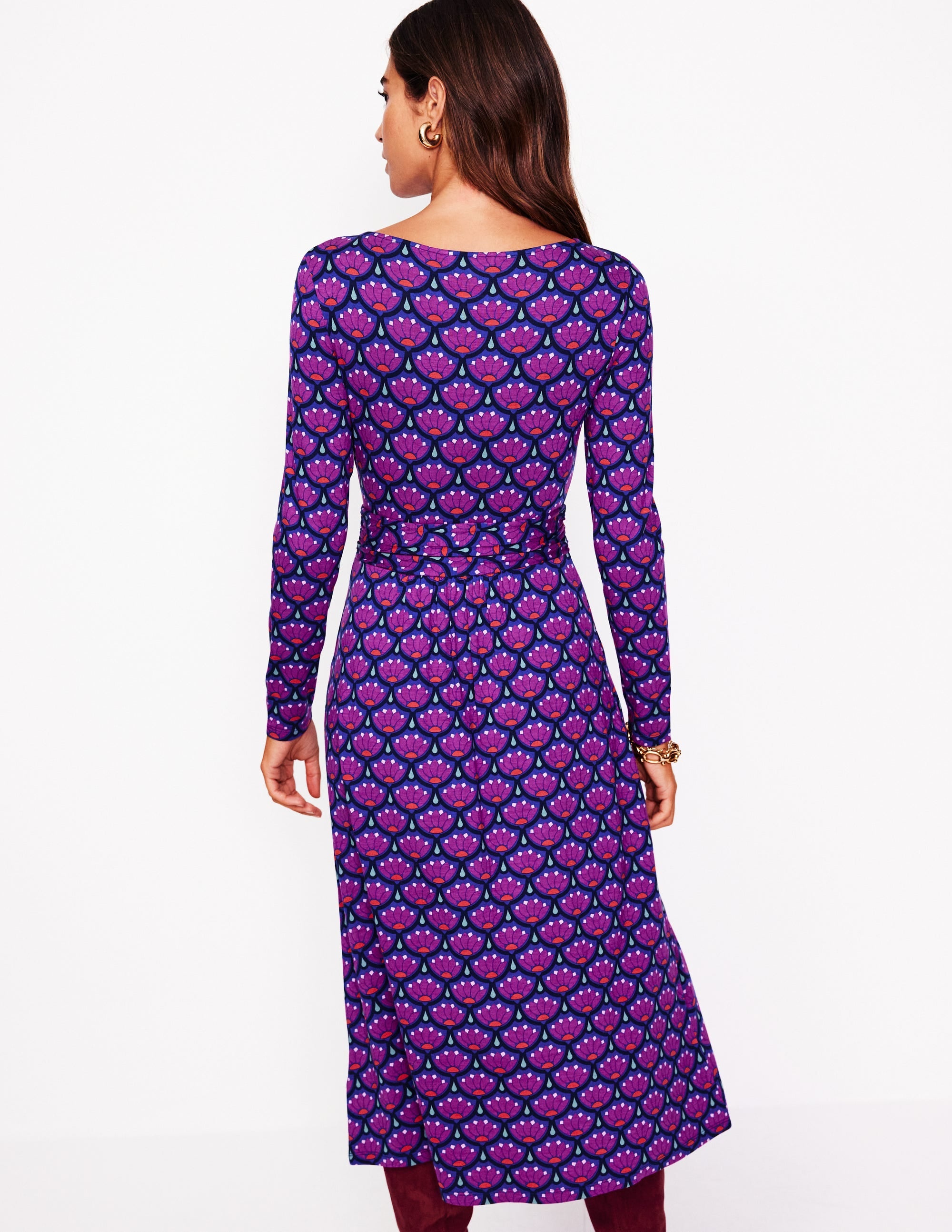 Amelie Long Sleeve Midi Dress in Regal Purple with Lotus Stamp - Elegant Floral Print Women's Dress for Wedding Guest, Cocktail Party & Special Occasions
