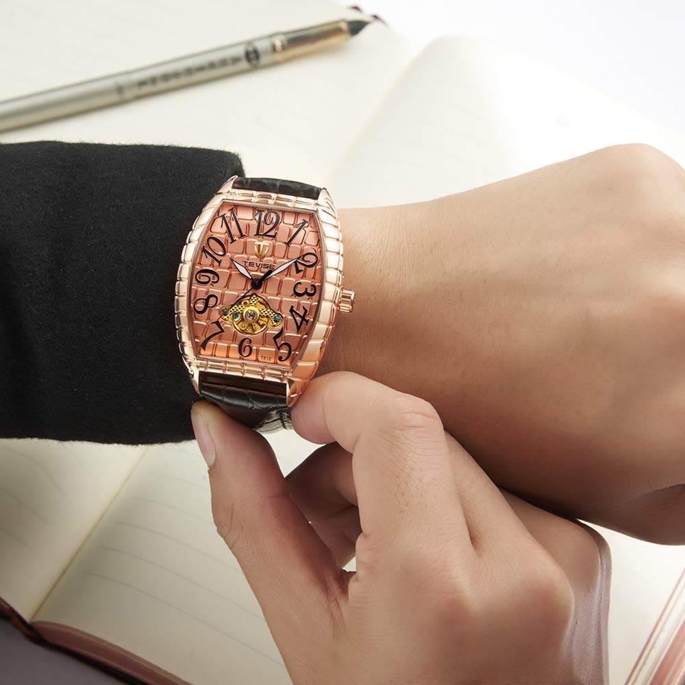 Luxury Men's Automatic Mechanical Watch - Rose Gold Rectangle Dial with Black Leather Strap - Stylish Casual Dress Watch for Business, Office & Everyday Wear