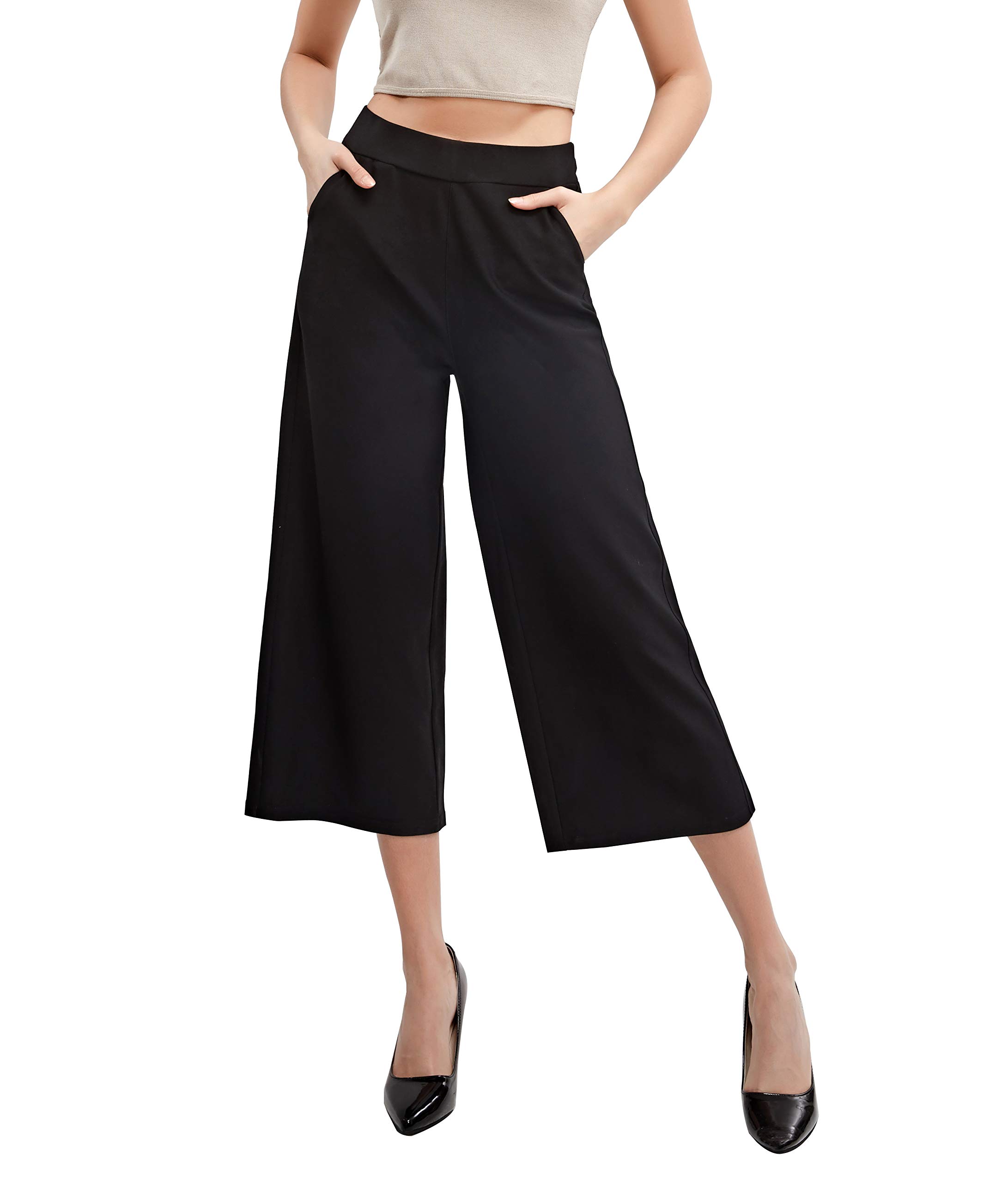 Women's Wide Leg Capri Pants with Pockets - Summer Casual & Business Pull-On Culottes - Perfect for Office Wear, Travel & Everyday Comfort