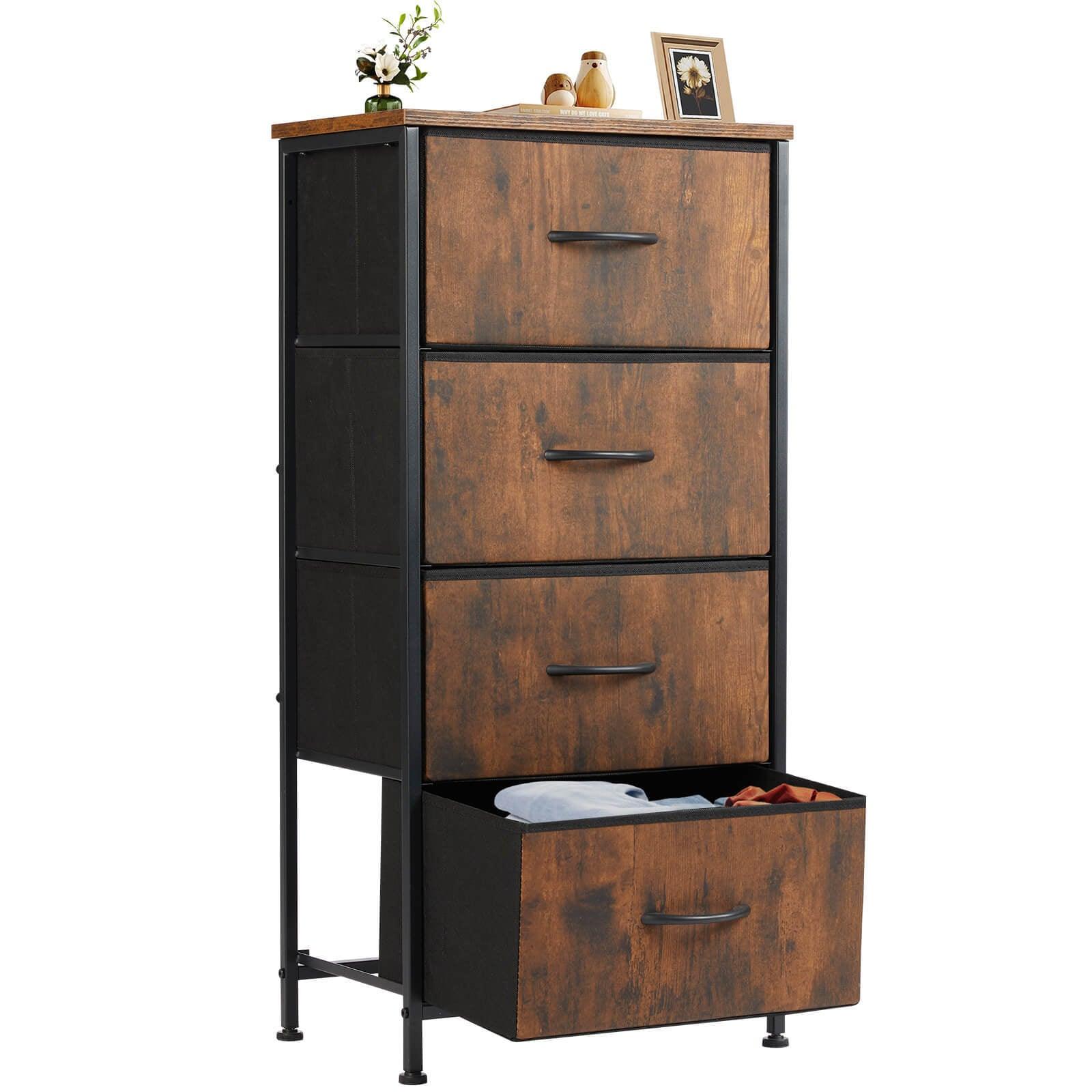 Modern 4-Drawer Dresser with Metal Frame & Wood Top - Brown Wooden Chest of Drawers for Bedroom, Living Room & Office Storage Organization