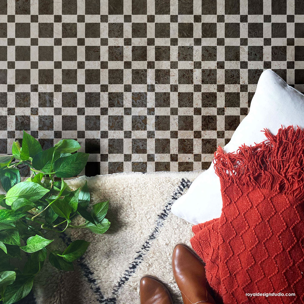 Checkers Mosaic Tile Stencil - Reusable DIY Floor & Wall Tile Pattern Template for Bathroom, Kitchen Backsplash - Perfect for Home Renovation & Craft Projects