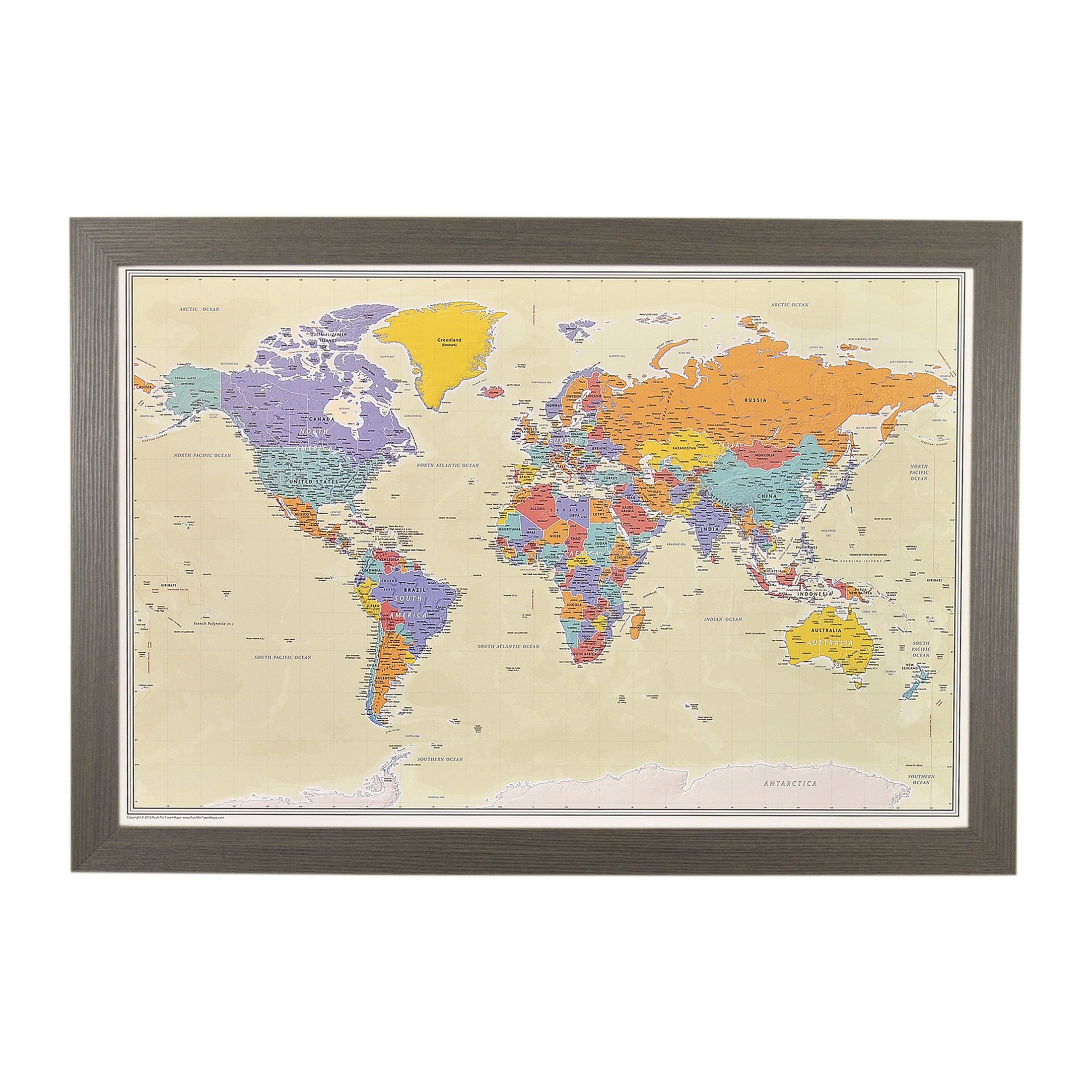 Push Pin Travel Map with Barnwood Gray Frame - 27.5x39.5 Inches Tan Ocean World Map for Wall Decor - Perfect for Tracking Adventures, Home Office & Gift Ideas
