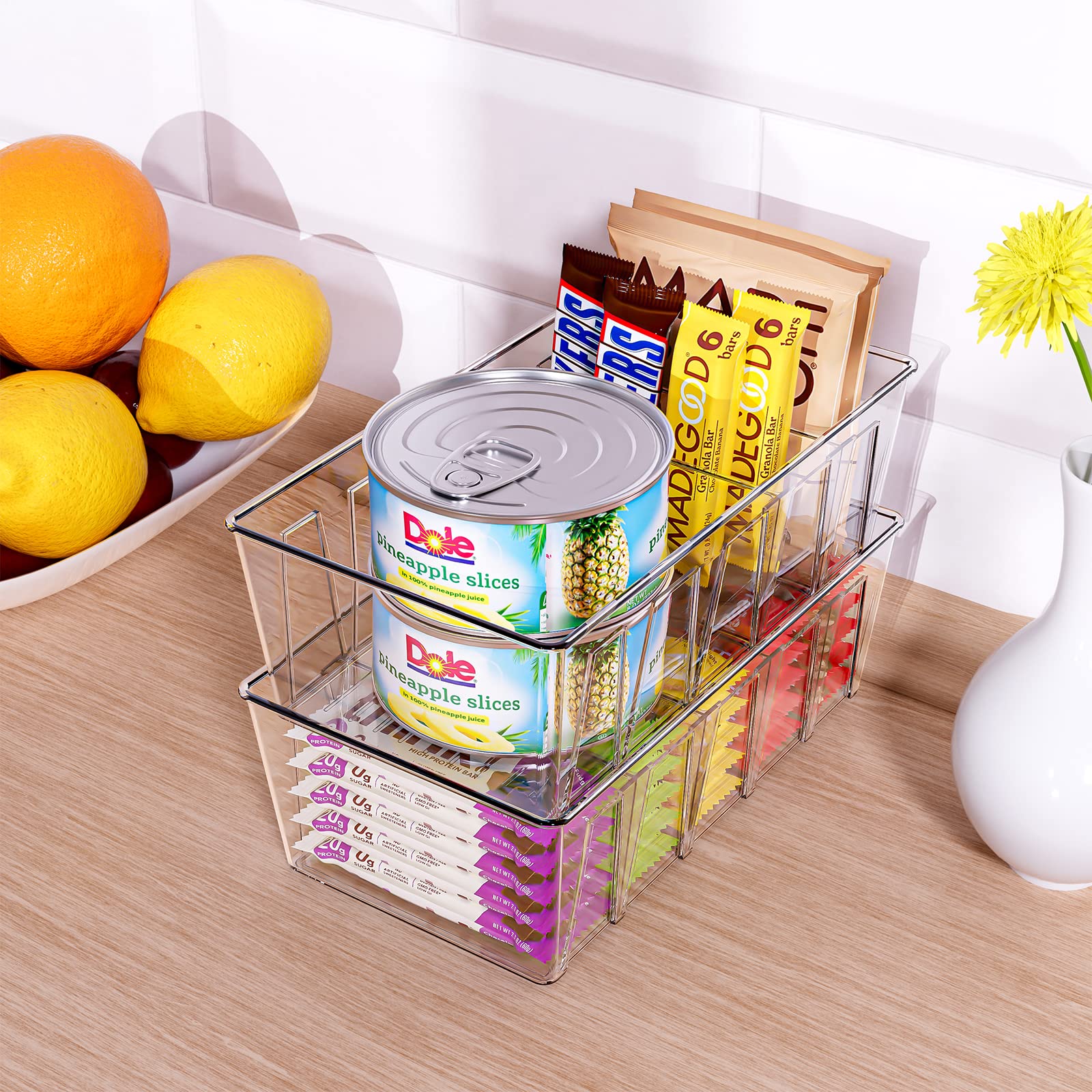 Puricon 4-Pack Clear Stackable Plastic Pantry Organizer Bins with Removable Dividers - 5-Compartment Kitchen Storage Containers for Snacks, Spices, Packets - Perfect for Fridge, Countertop & Cabinet Organization (Ideal for Pantry, Kitchen & Home Storage Solutions)