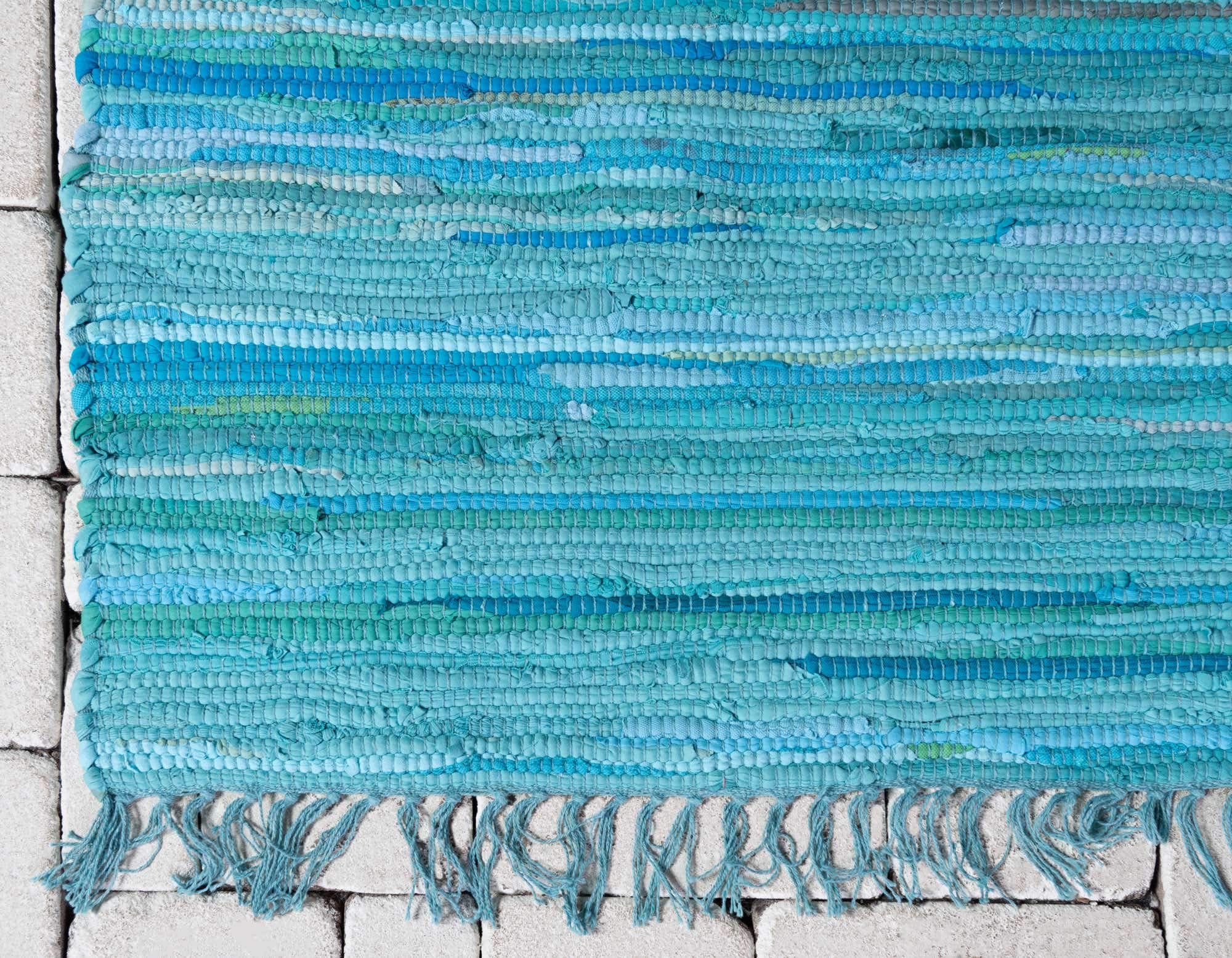 Unique Loom Handwoven Chindi Cotton Striped Area Rug - 8x10 ft Natural Fiber Floor Mat in Turquoise & Ivory | Boho Chic Living Room Decor, Bedroom Accent Rug