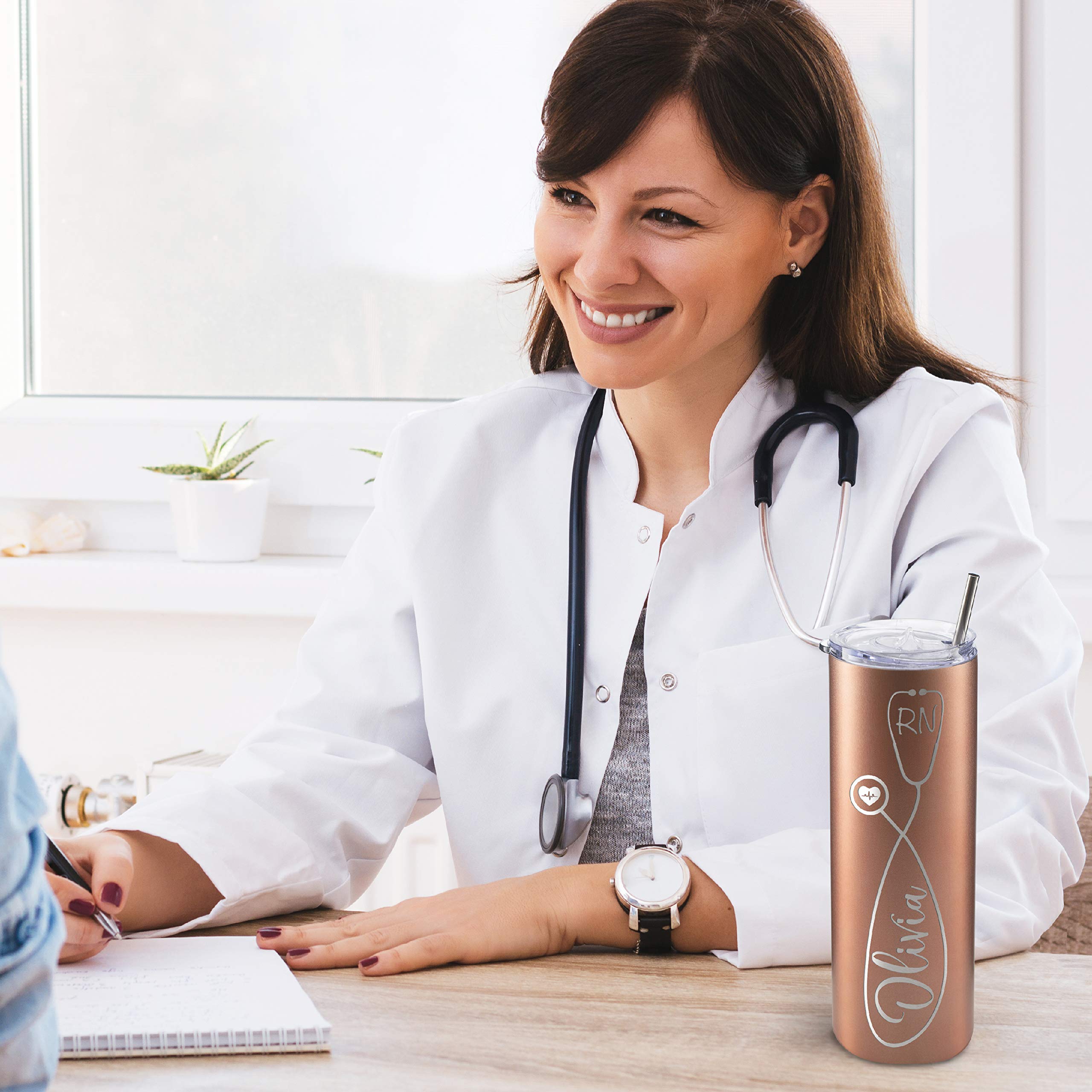 Personalized Nurse Tumbler with Name & Specialty - 20oz Skinny Purple Insulated Cup for Nurses | 8 Unique Designs w/Cleaning Brush | Perfect Nurse Gift for Graduation, Nurse Day, Birthday & Appreciation | Great for Hospitals, Clinics & Night Shifts
