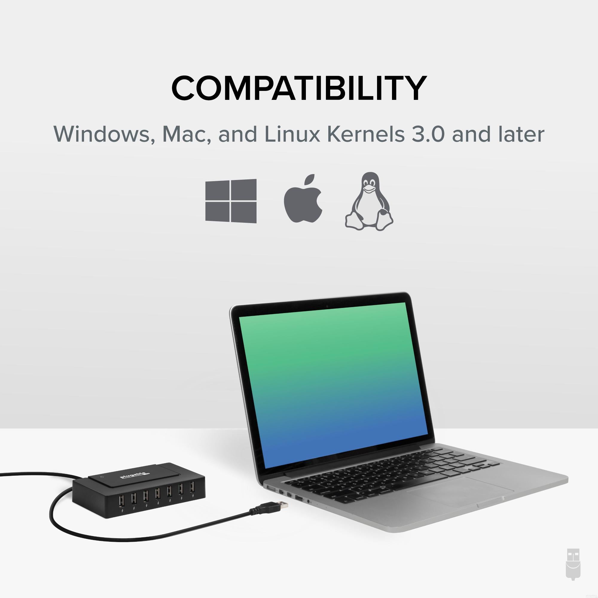 Plugable USB 2.0 7-Port Hub with 60W Power Adapter - High-Speed Data Transfer for Laptop, PC, Mac - Perfect for Home Office, Gaming & Multiple Device Charging