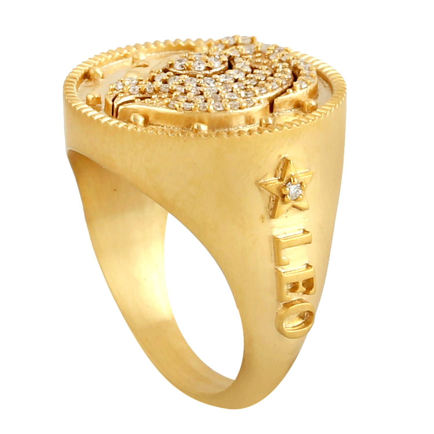14K Yellow Gold Leo Zodiac Signet Ring with Pave Diamonds for Men & Women - Perfect for Birthdays, Gifts & Astrology Jewelry Lovers