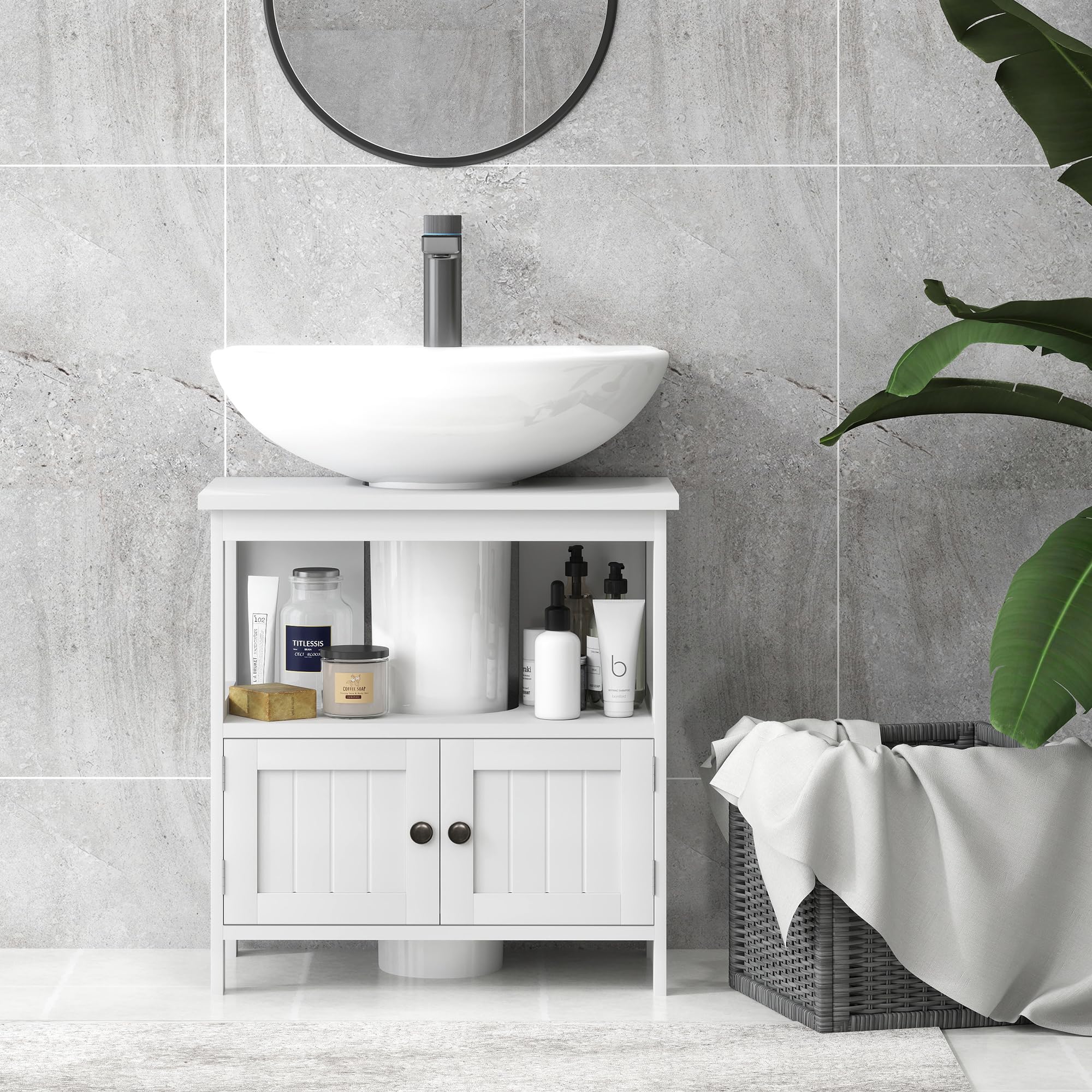 Kleankin White Pedestal Sink Storage Cabinet - 2 Door Bathroom Vanity with Open Shelf for Under Sink Organization | Perfect for Small Bathrooms, Powder Rooms & Apartment Bath Storage
