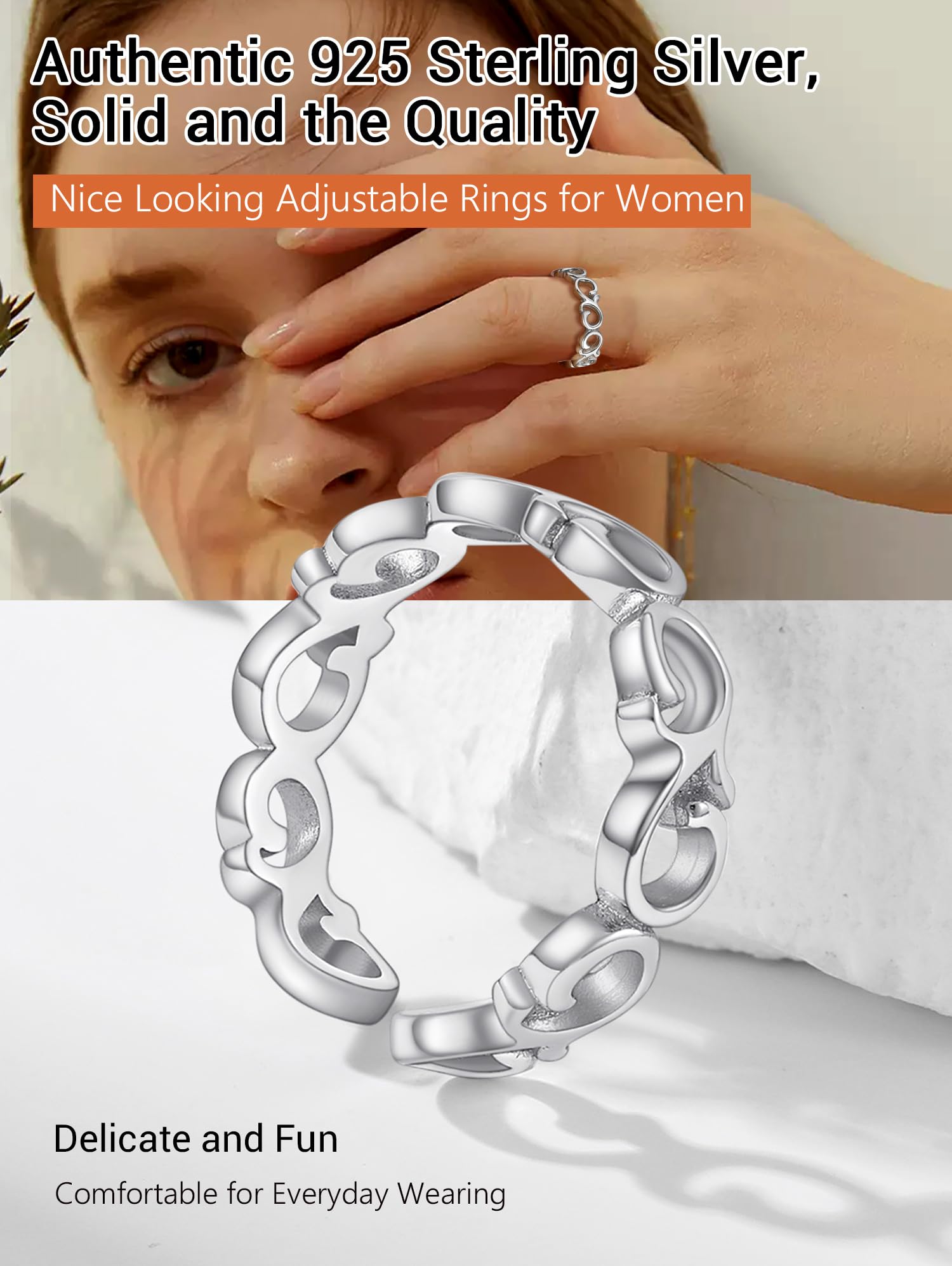 PROSILVER 925 Sterling Silver Adjustable Open Ring for Women - Solid 925 Silver Stackable Knuckle & Pinky Ring - Gift Box Included - Perfect for Stacking, Everyday Wear & Special Occasions