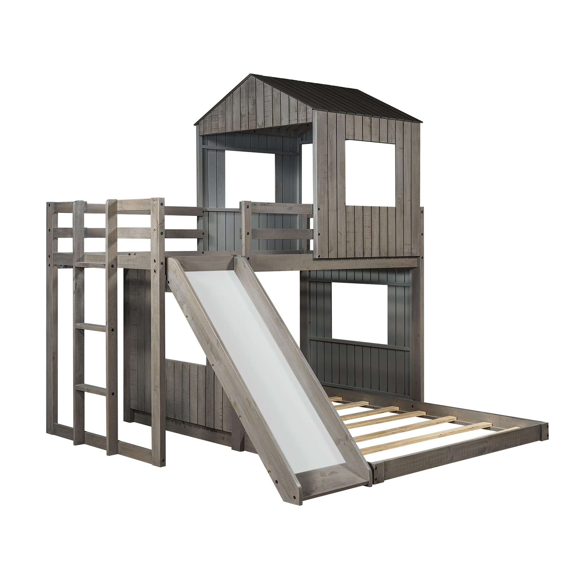 Quarte Twin Over Full Bunk Bed with Slide & Ladder - Solid Wood Loft Bed Frame with Playhouse, Farmhouse Design & Safety Guardrails - Perfect for Kids, Teens & Toddlers (Antique Gray) - Space-Saving Solution for Bedrooms, Playrooms & Vacation Homes